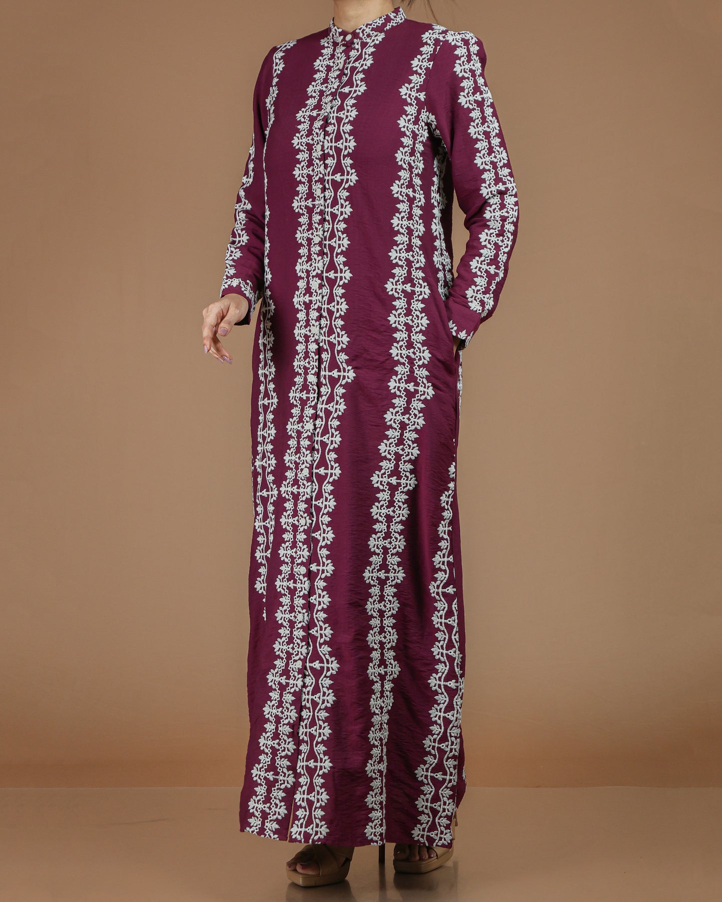 Printed Linen-Cotton Maxi Dress with Long Sleeves