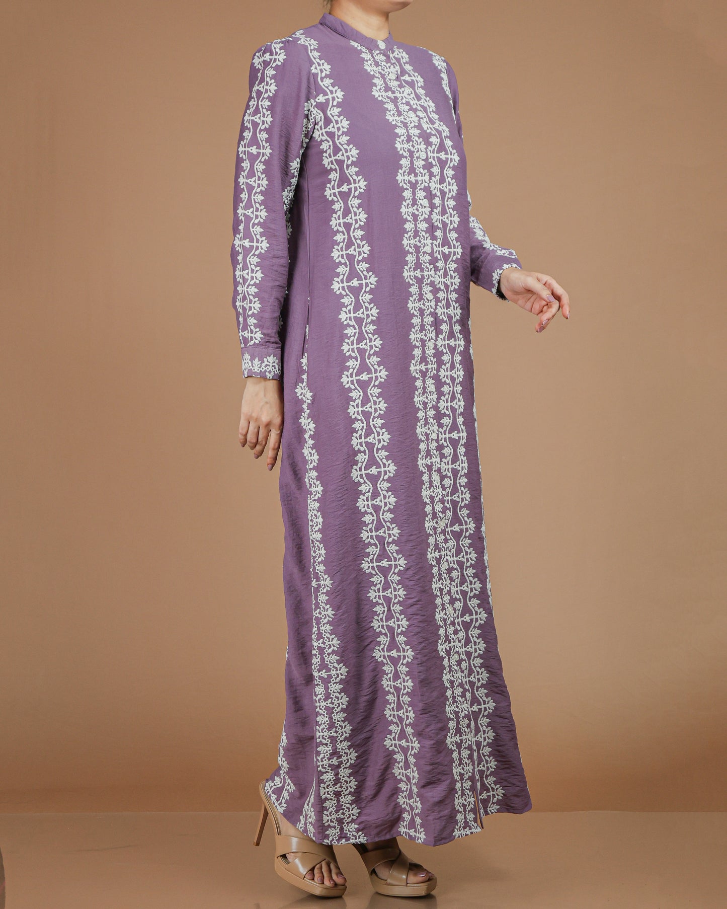 Printed Linen-Cotton Maxi Dress with Long Sleeves