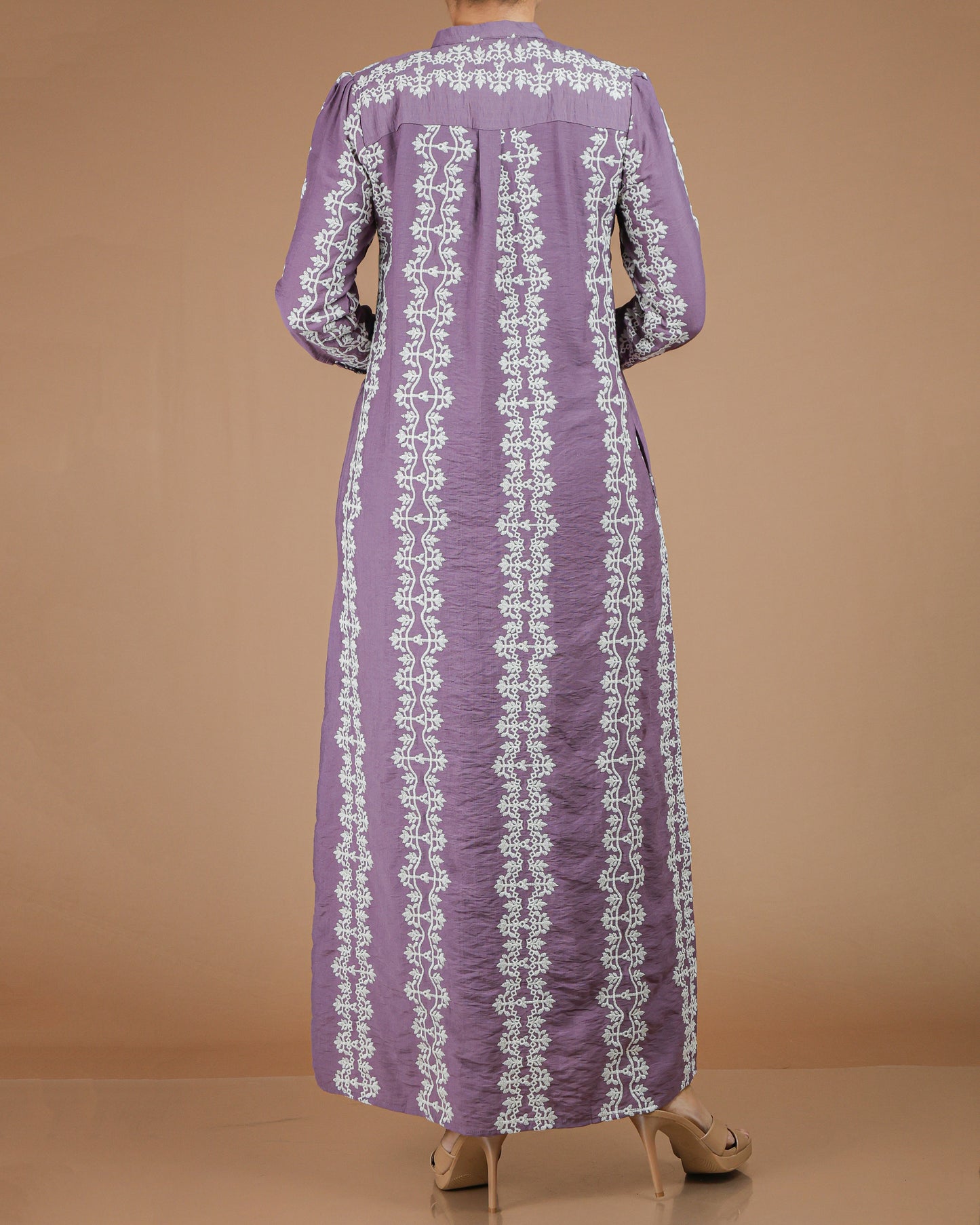 Printed Linen-Cotton Maxi Dress with Long Sleeves