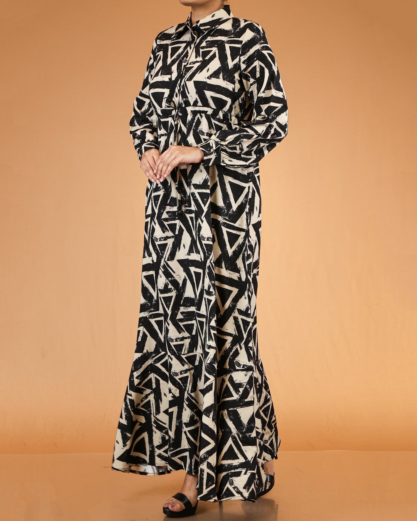 Black and Ivory Geometric Abaya Maxi Dress
