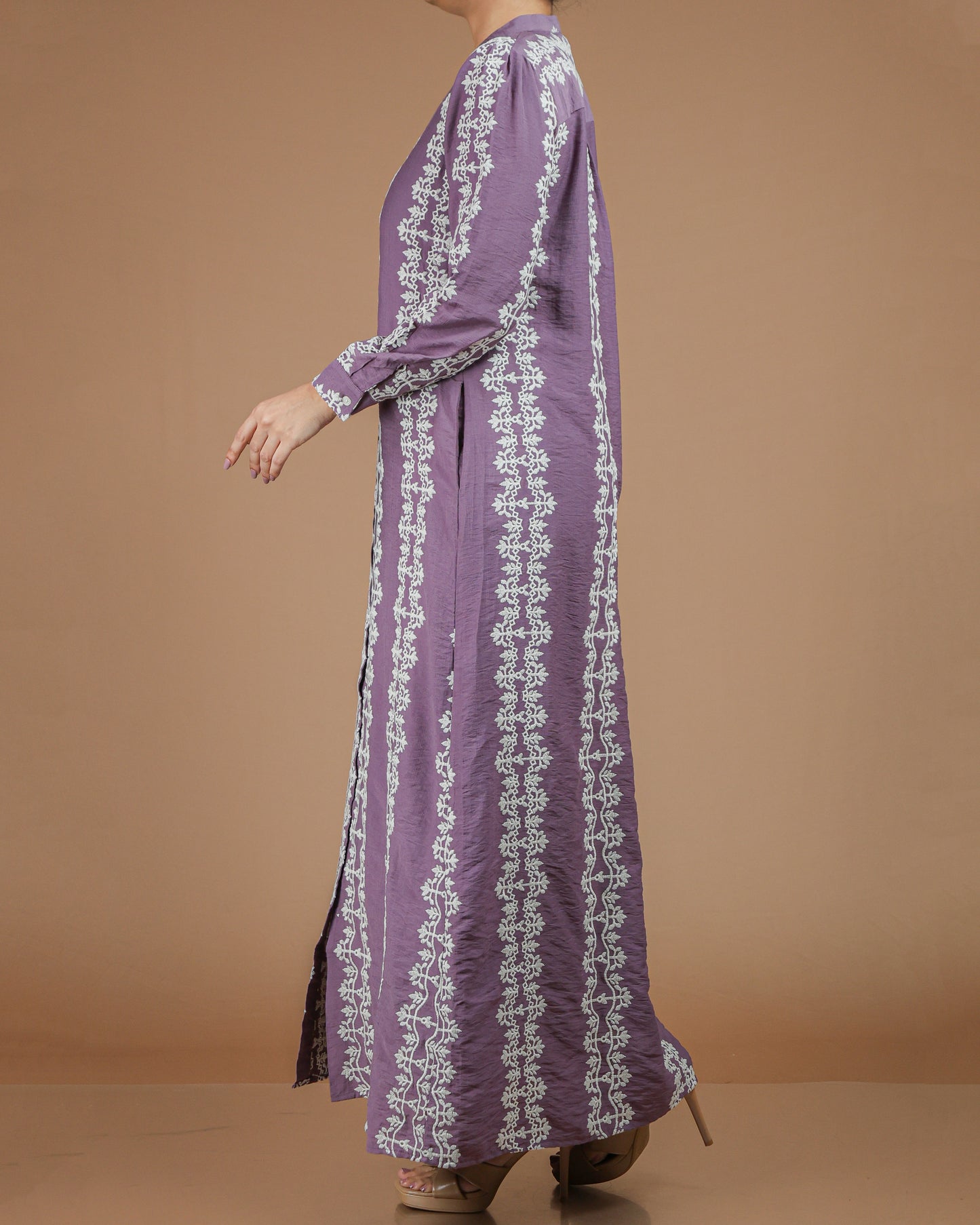 Printed Linen-Cotton Maxi Dress with Long Sleeves