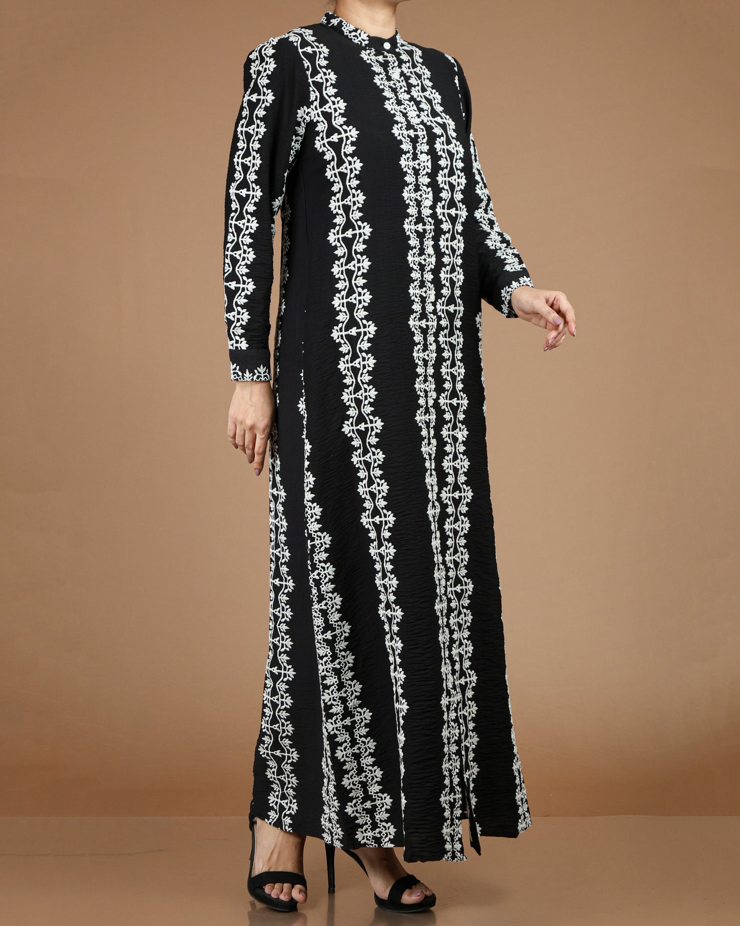 Printed Linen-Cotton Maxi Dress with Long Sleeves