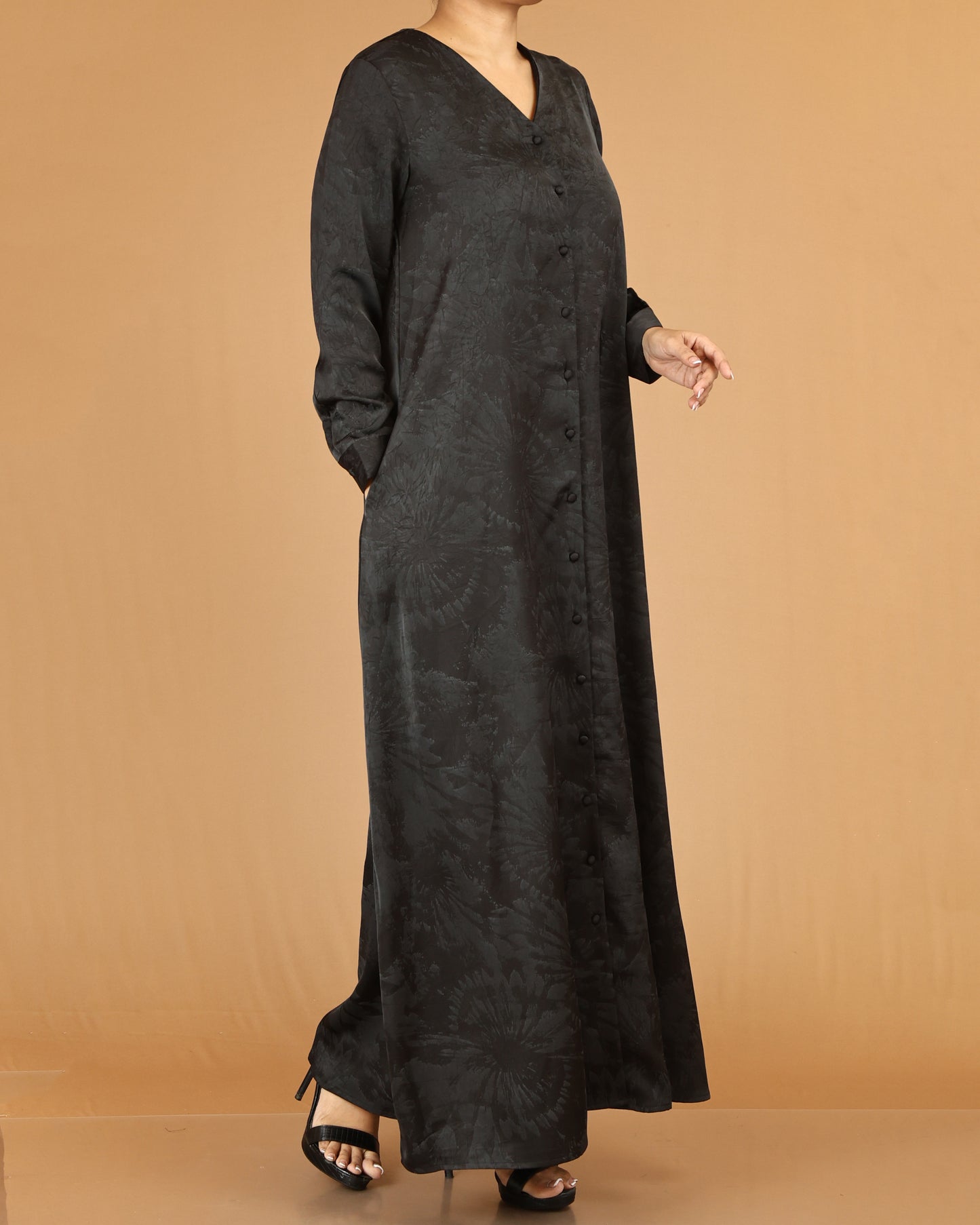 Black Minimal Button Down Abaya Maxi with V-Neckline