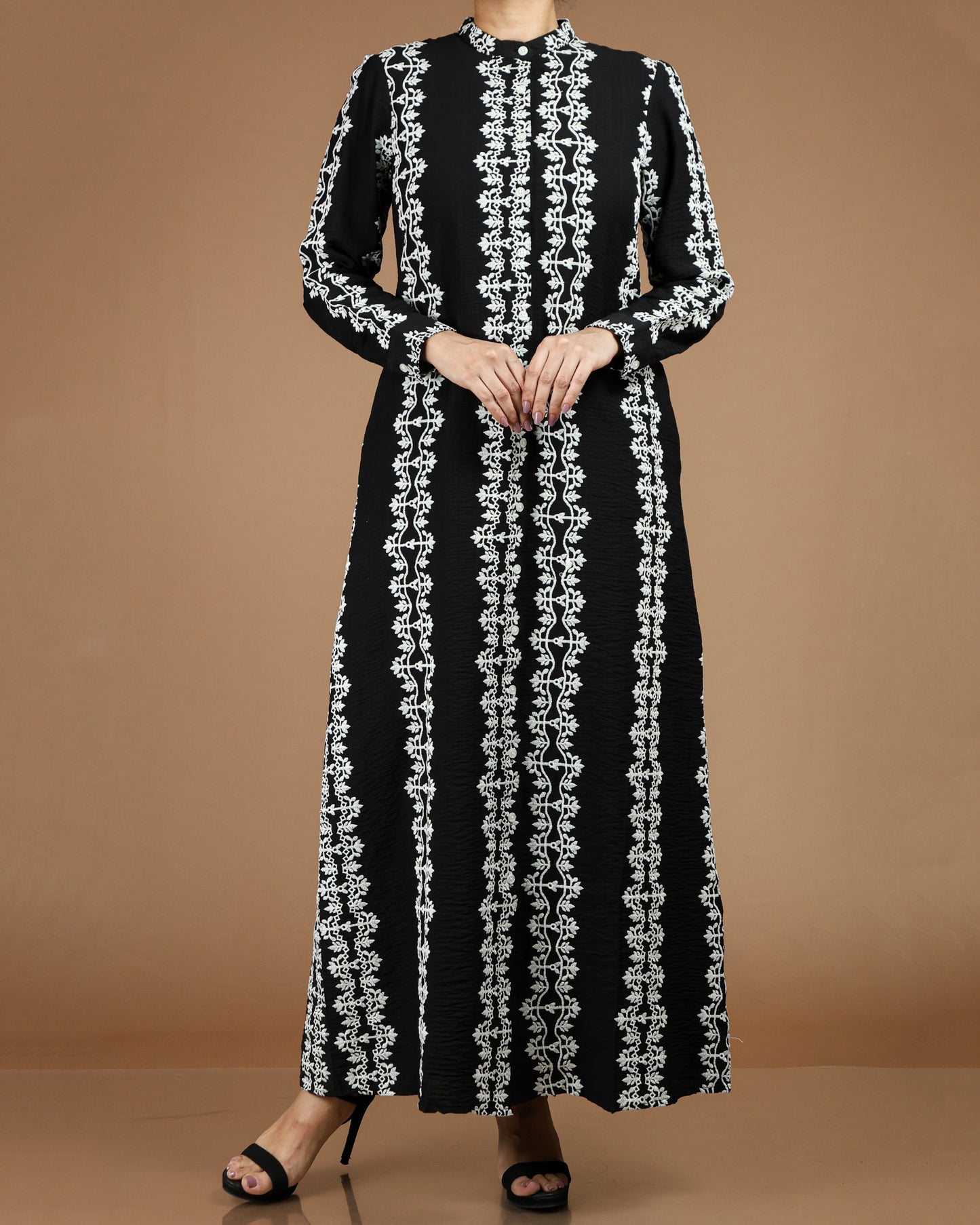 Printed Linen-Cotton Maxi Dress with Long Sleeves