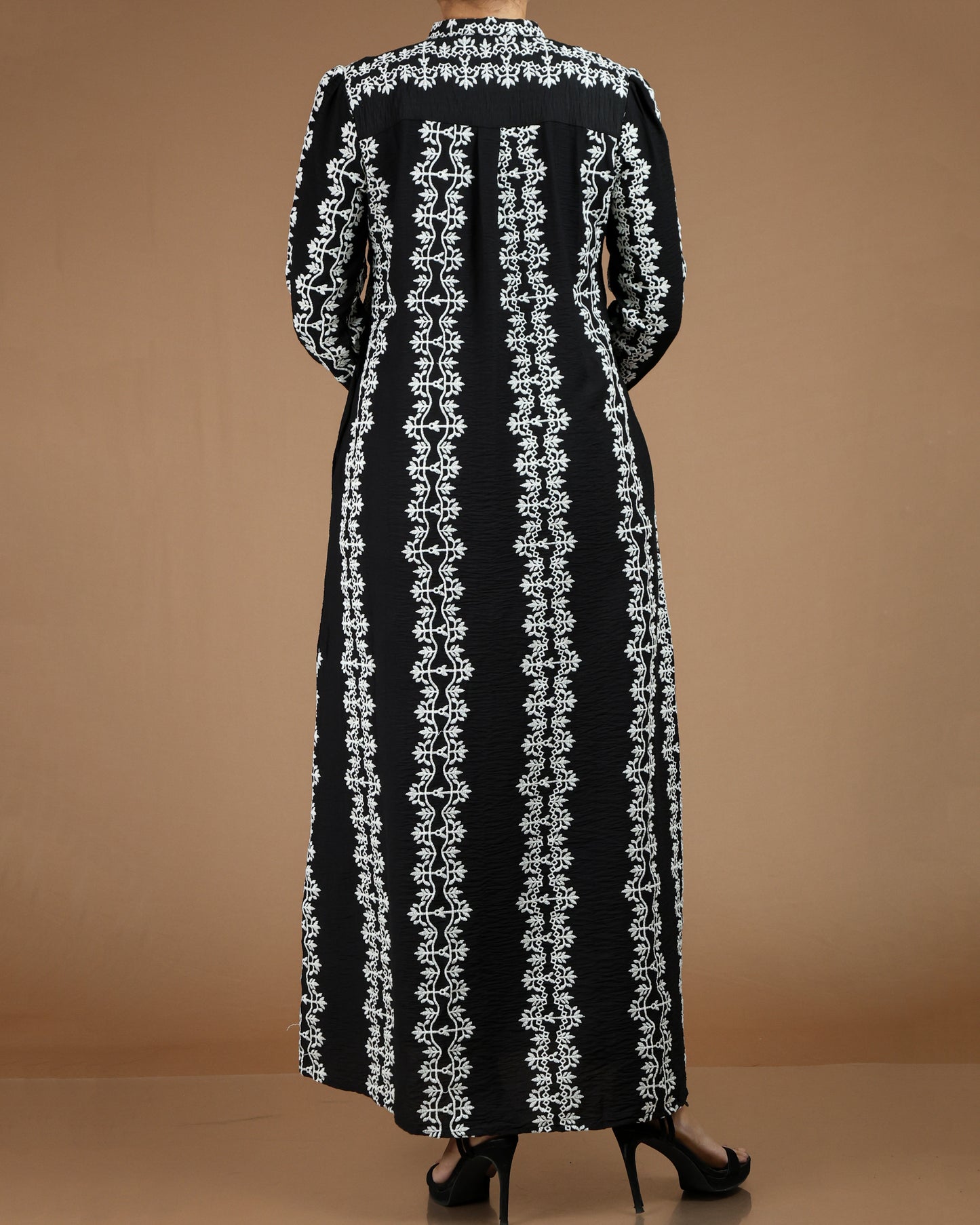 Printed Linen-Cotton Maxi Dress with Long Sleeves
