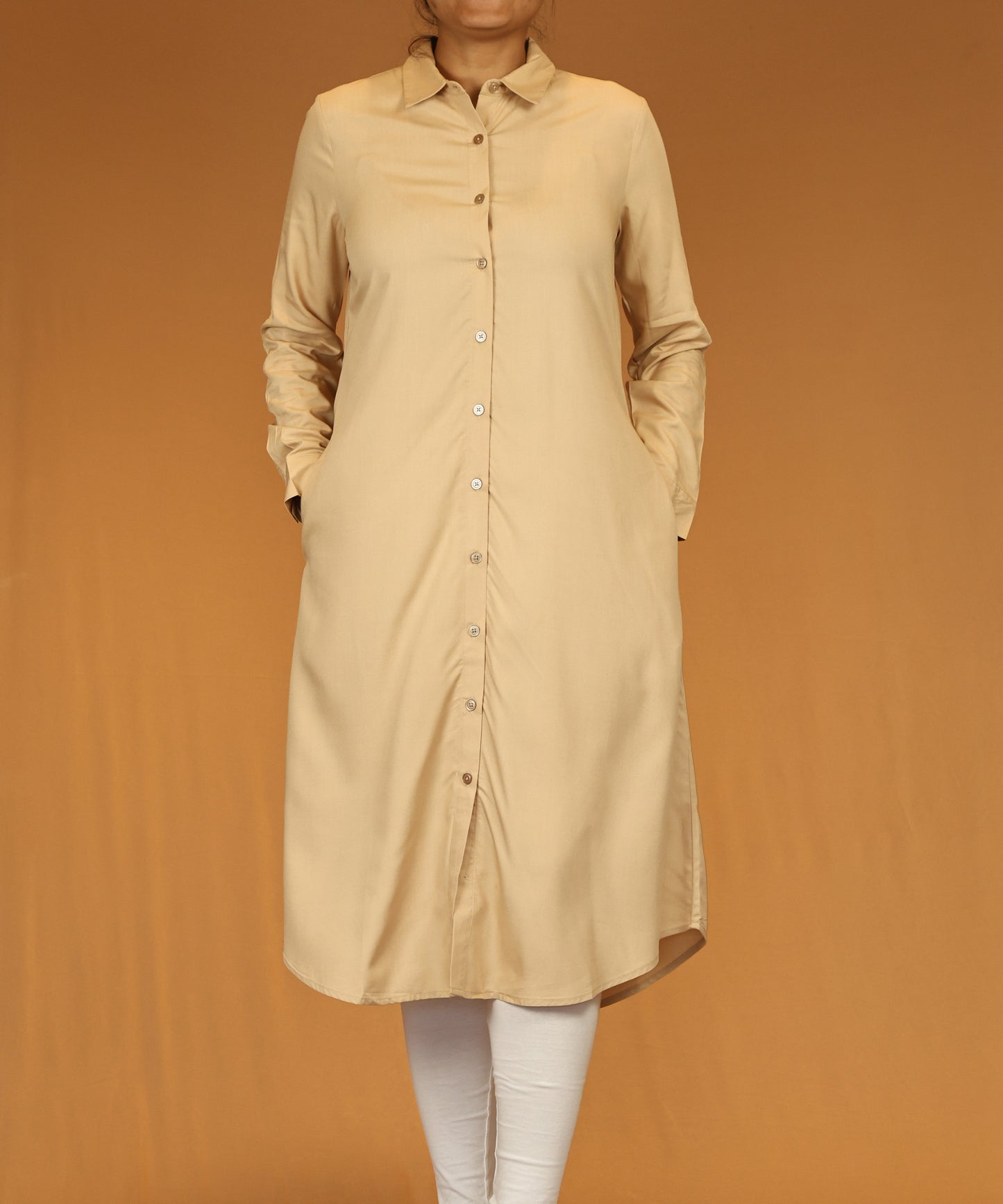 Beige Button-Down Long Shirt Dress