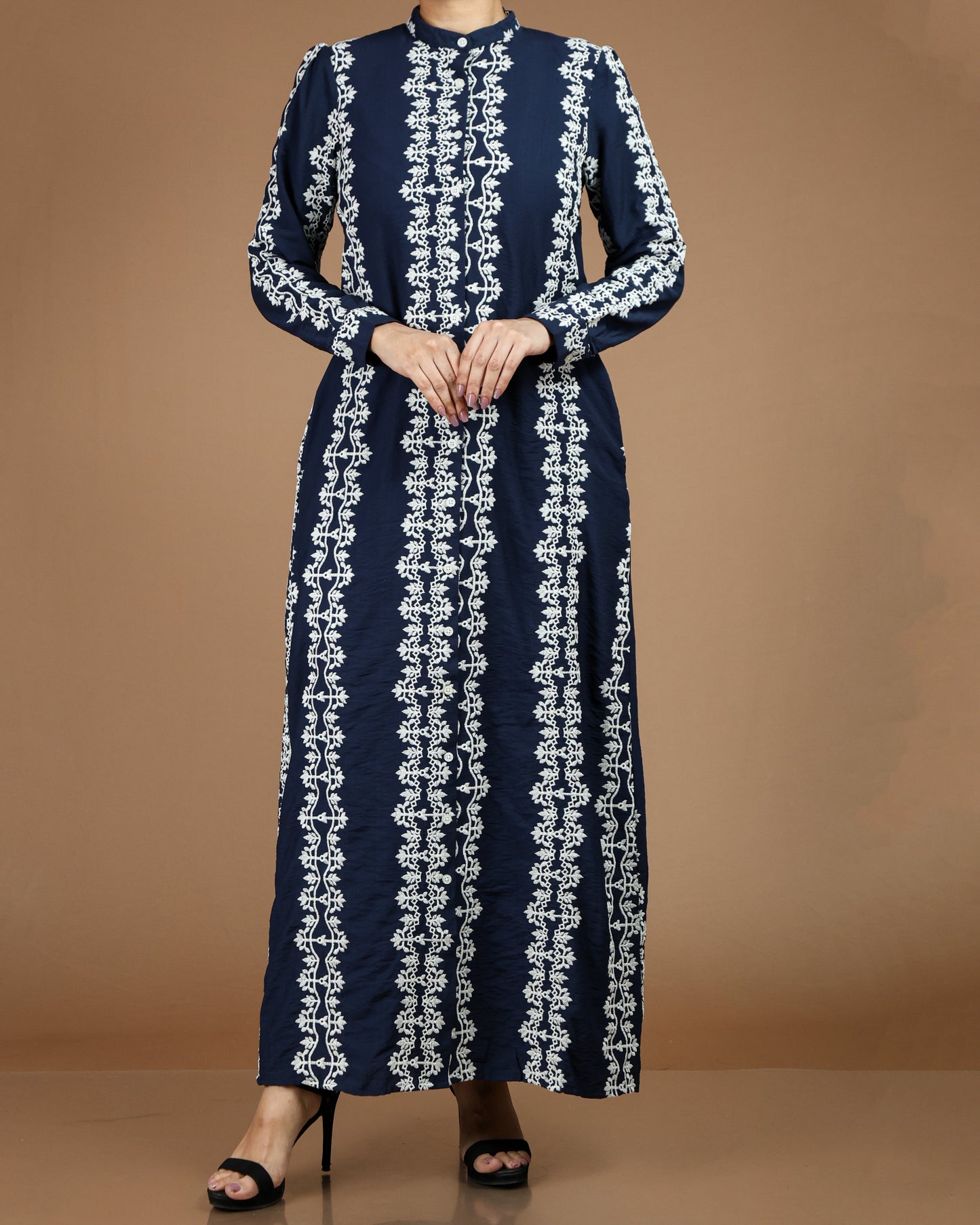 Printed Linen-Cotton Maxi Dress with Long Sleeves