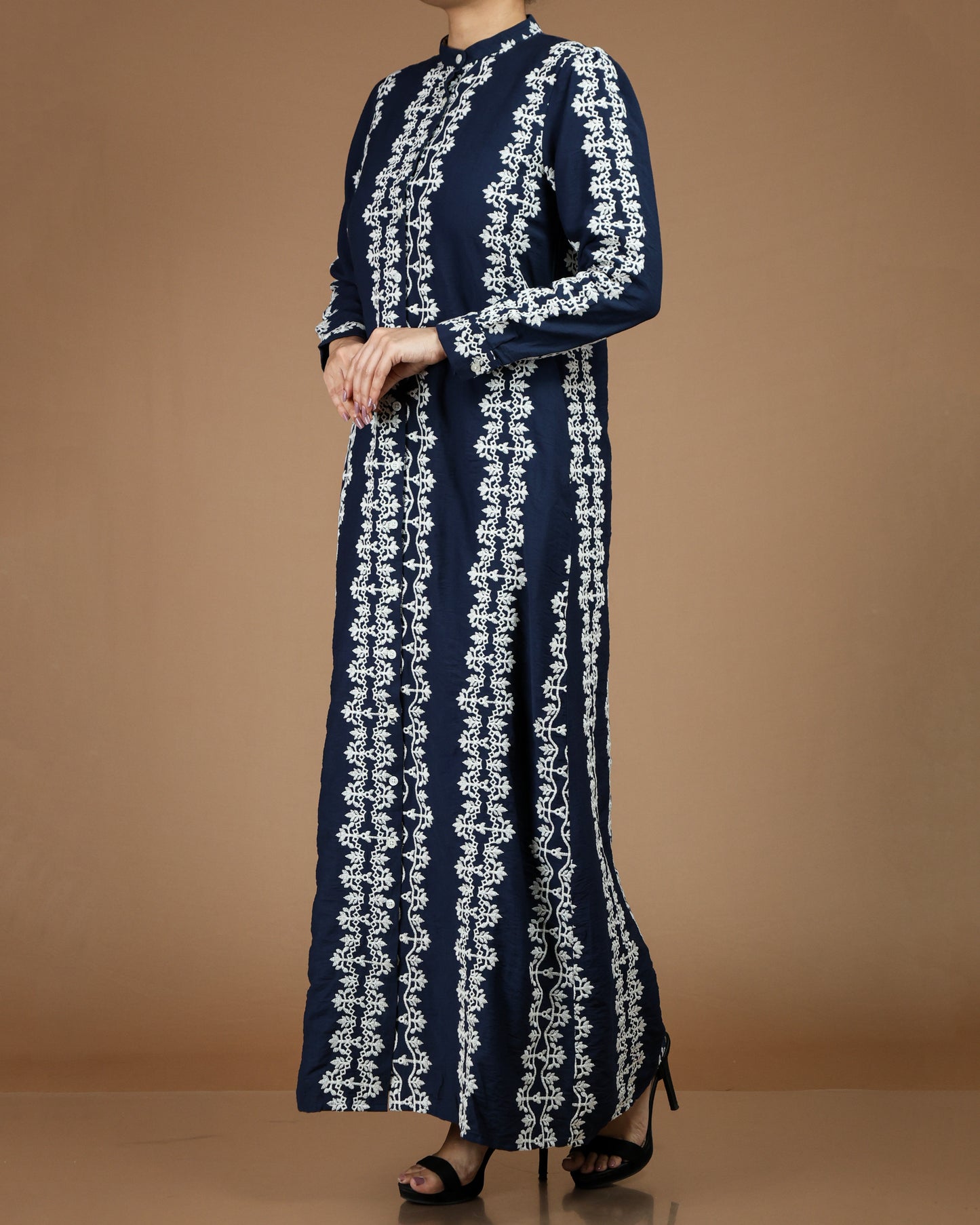 Printed Linen-Cotton Maxi Dress with Long Sleeves