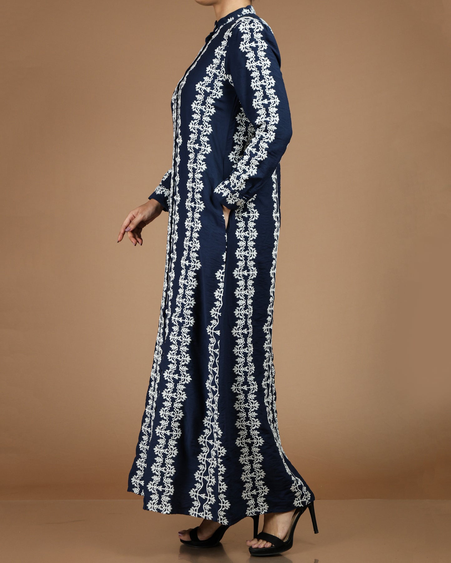 Printed Linen-Cotton Maxi Dress with Long Sleeves