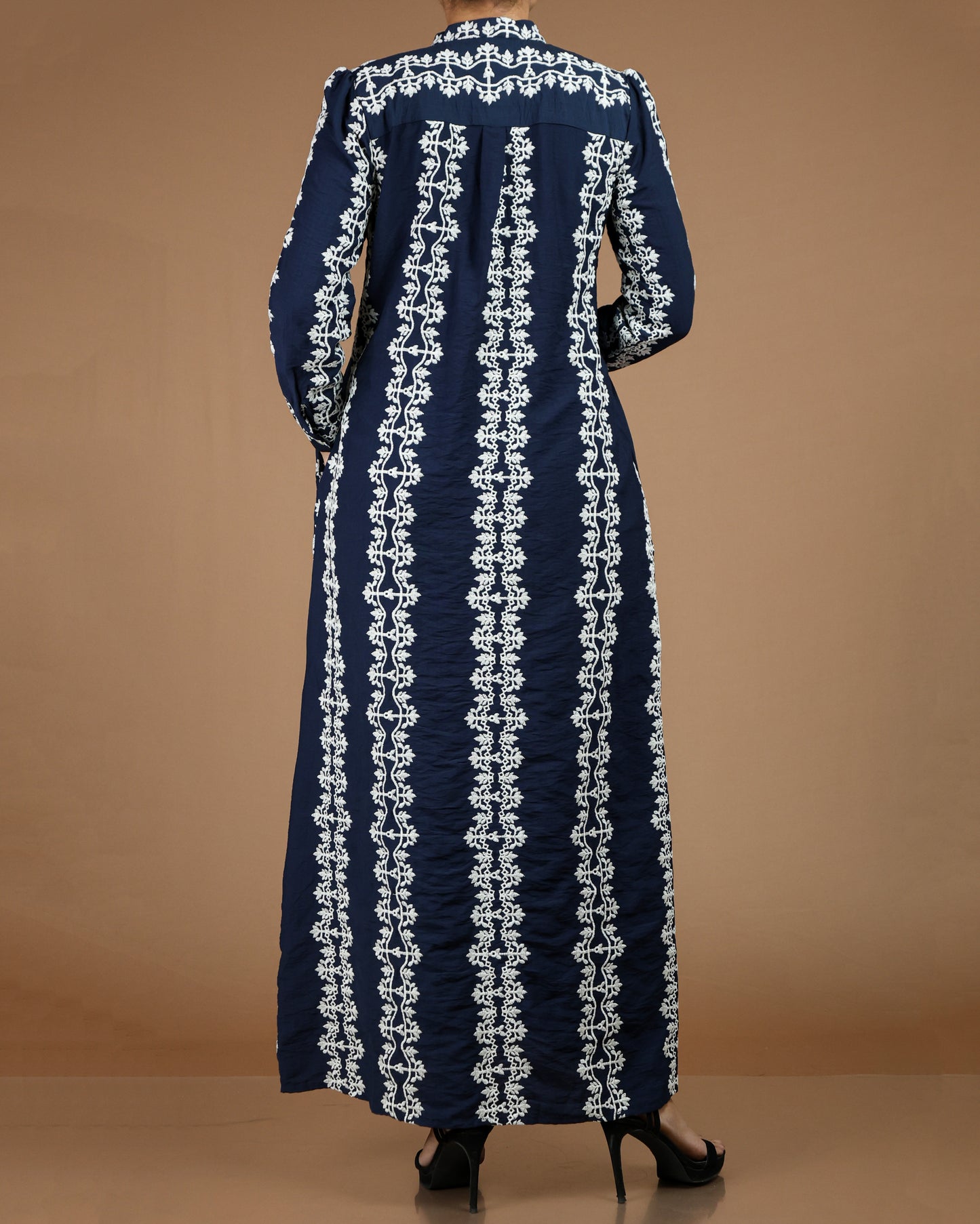 Printed Linen-Cotton Maxi Dress with Long Sleeves