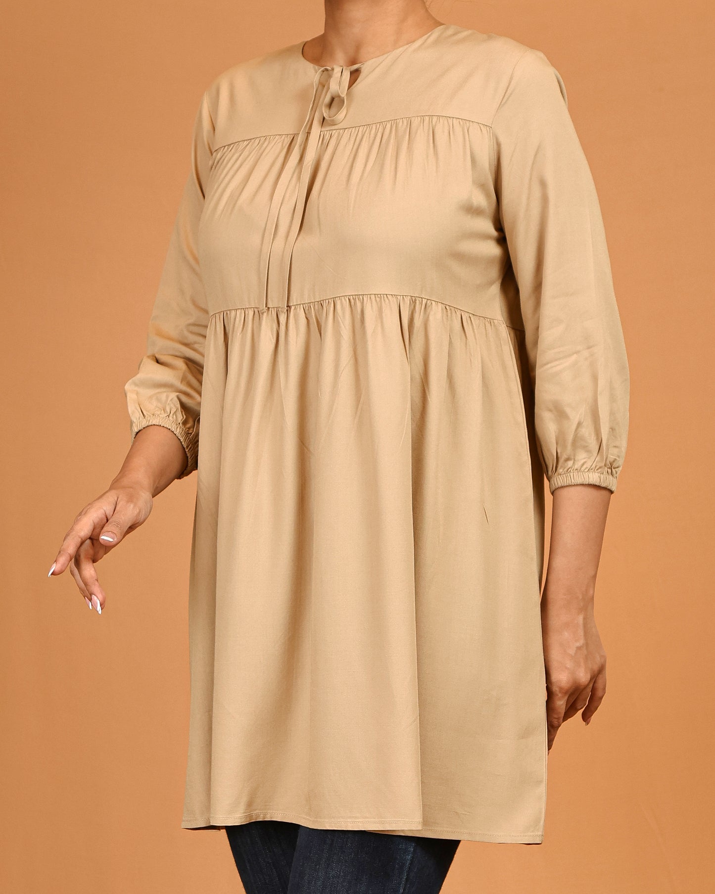 Tiered Tie-Neck Modest Top – Soft Beige
