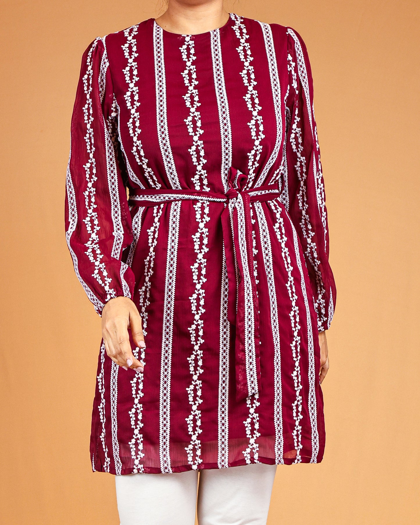 Royal Garnet Embroidered Midi with Waist Tie Belt