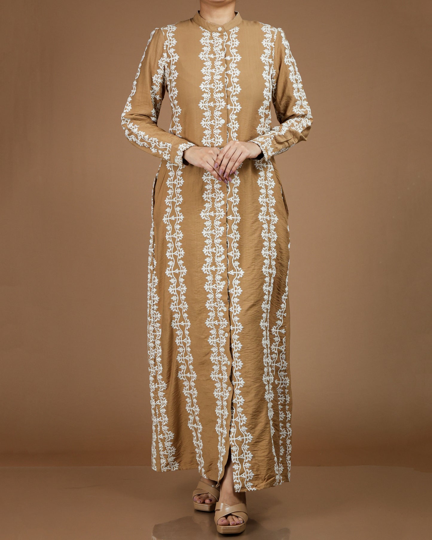 Printed Linen-Cotton Maxi Dress with Long Sleeves