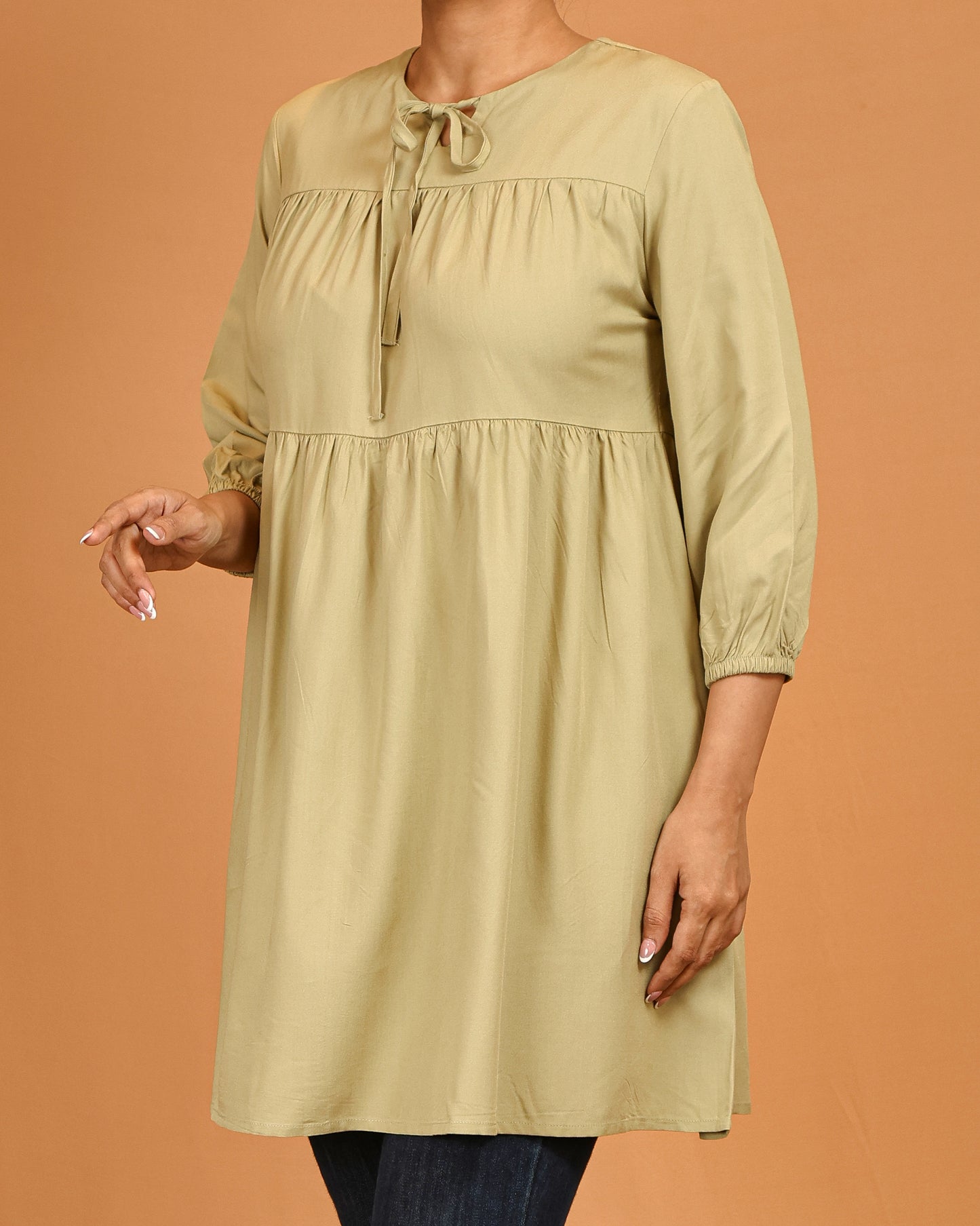 Tiered Tie-Neck Modest Top – Soft Olive