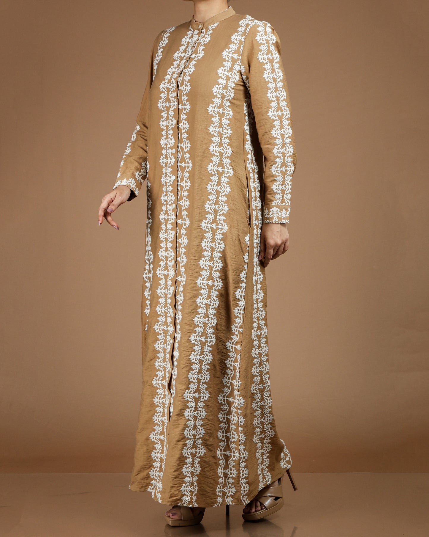 Printed Linen-Cotton Maxi Dress with Long Sleeves