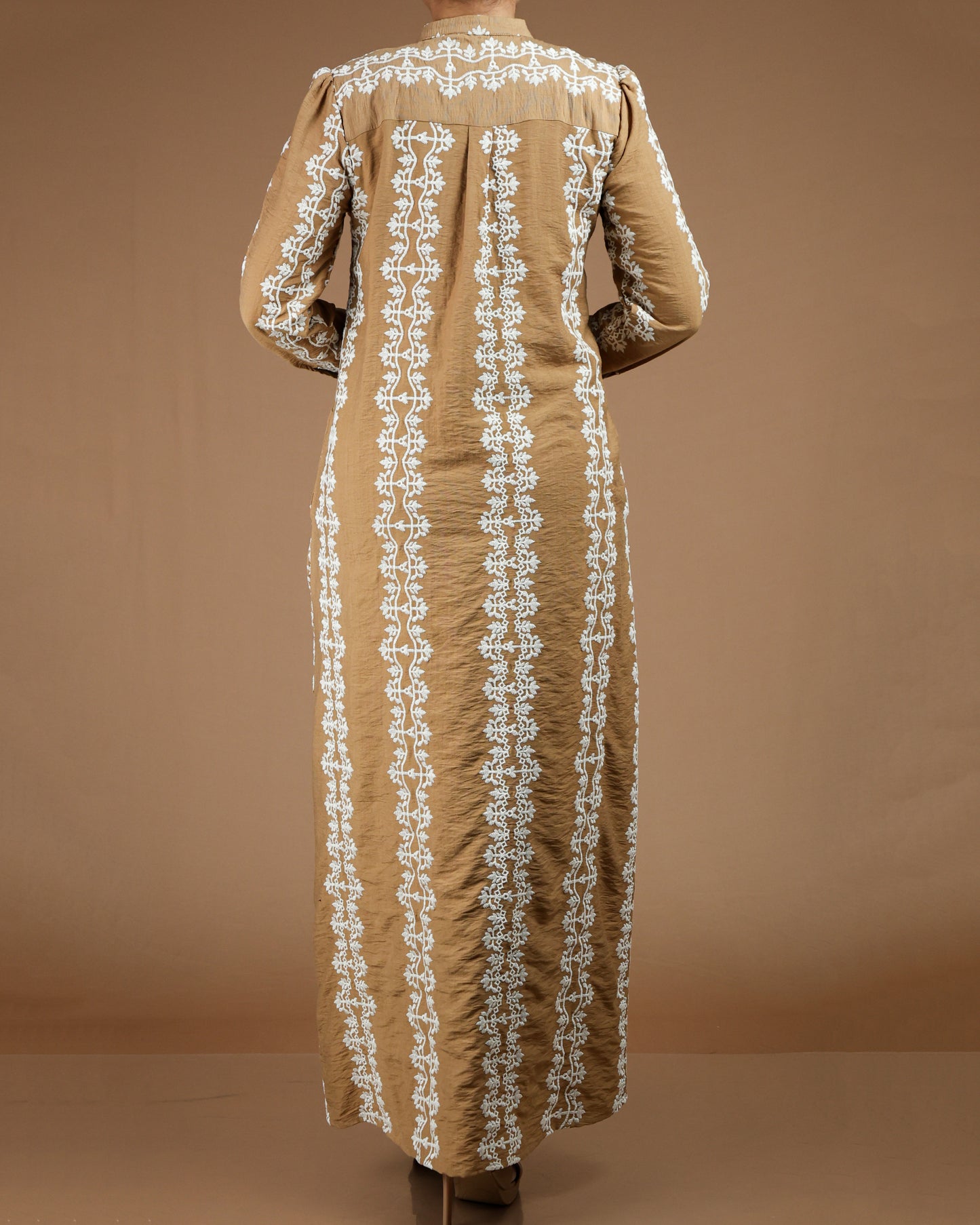 Printed Linen-Cotton Maxi Dress with Long Sleeves
