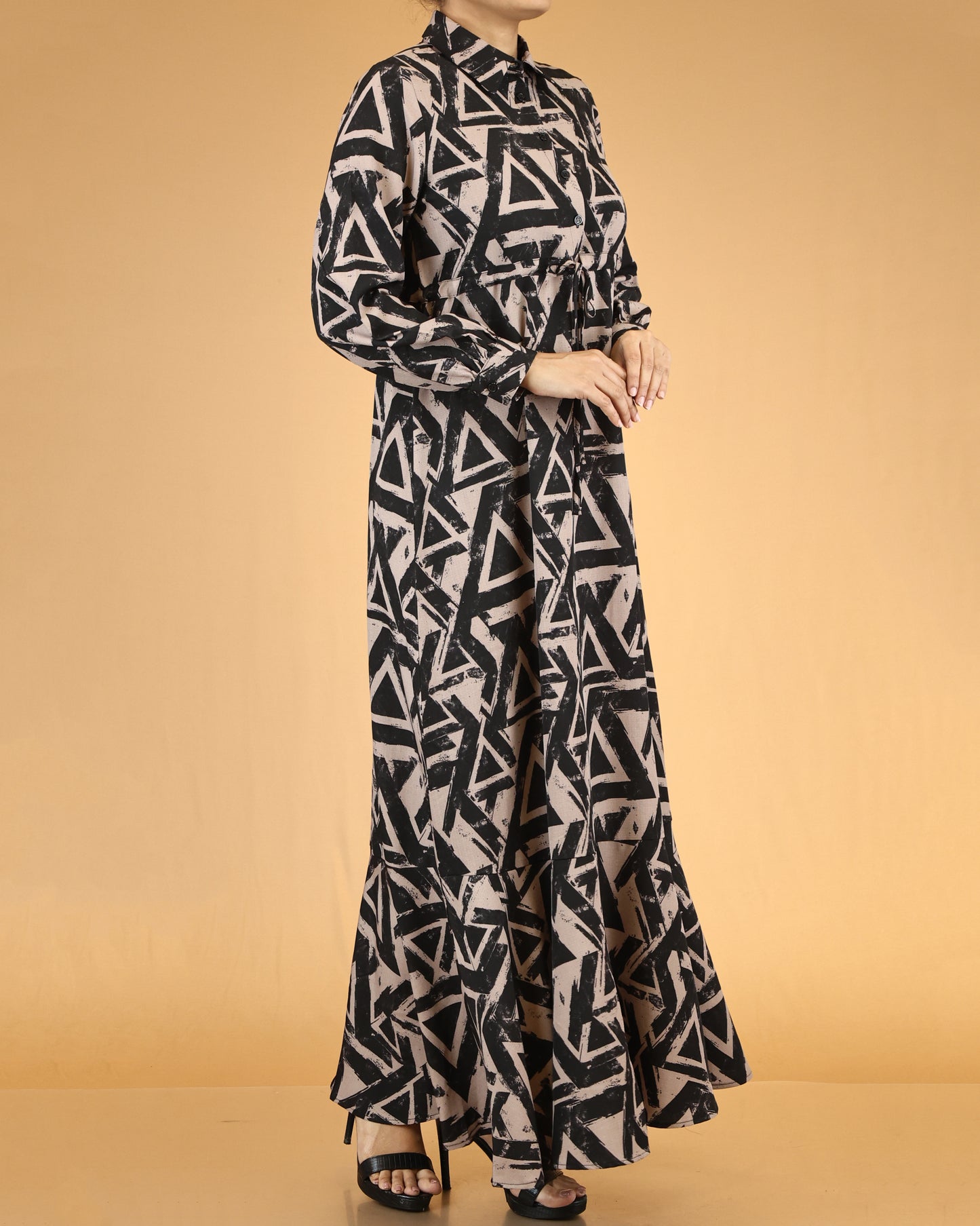 Black and Taupe Geometric Abaya Maxi Dress