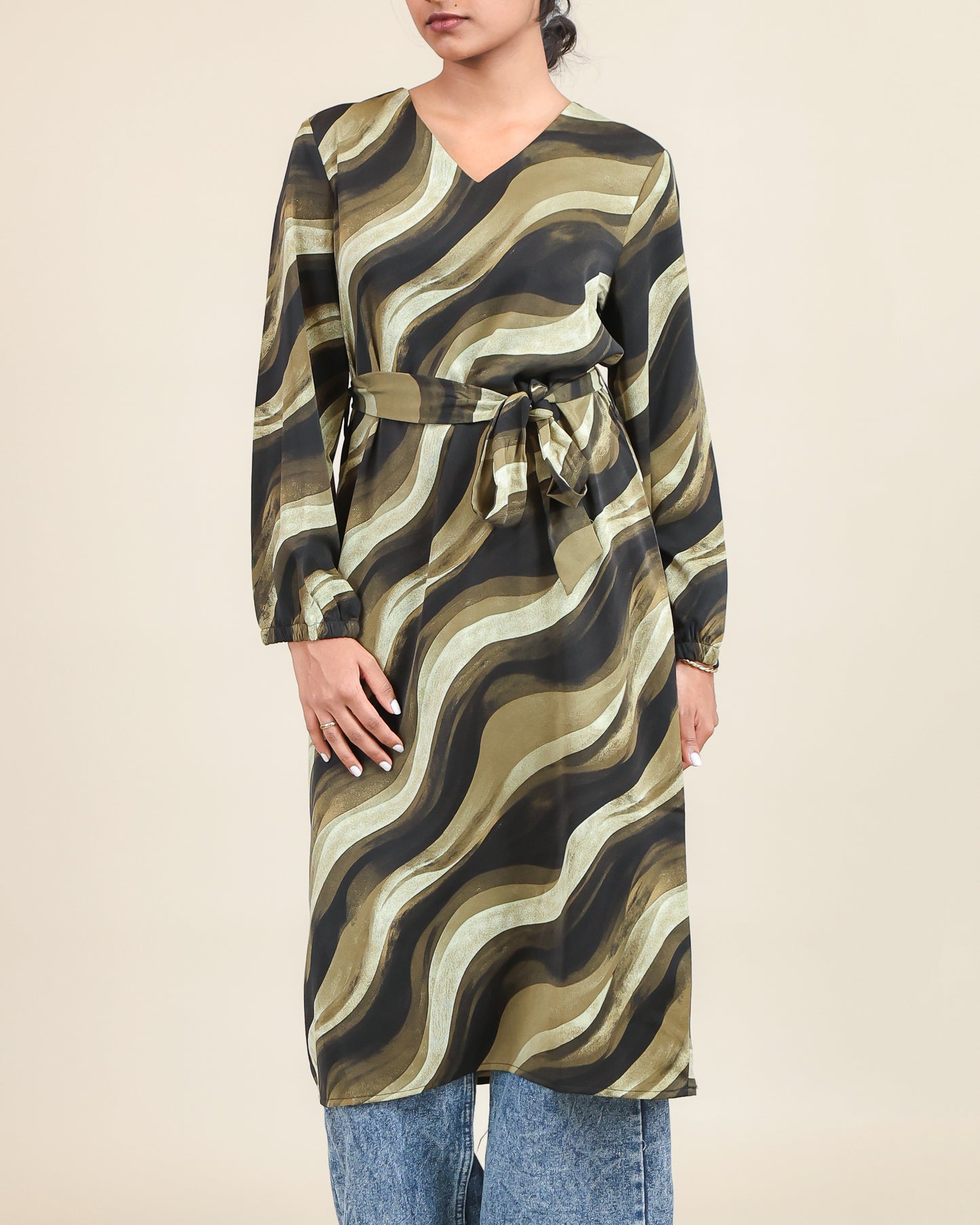 Olive Wave Flow Belted Top