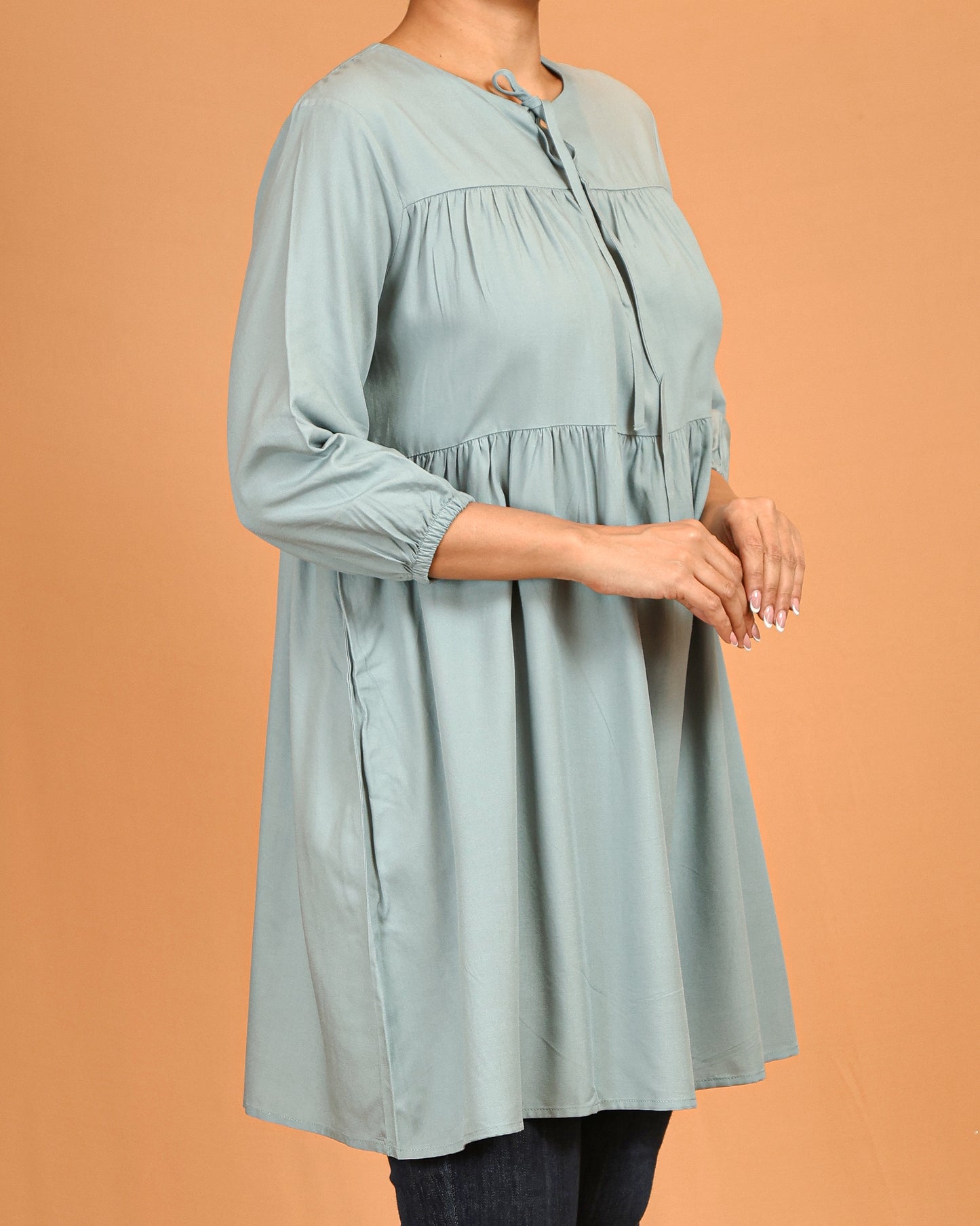 Tiered Tie-Neck Modest Top – Soft Sage