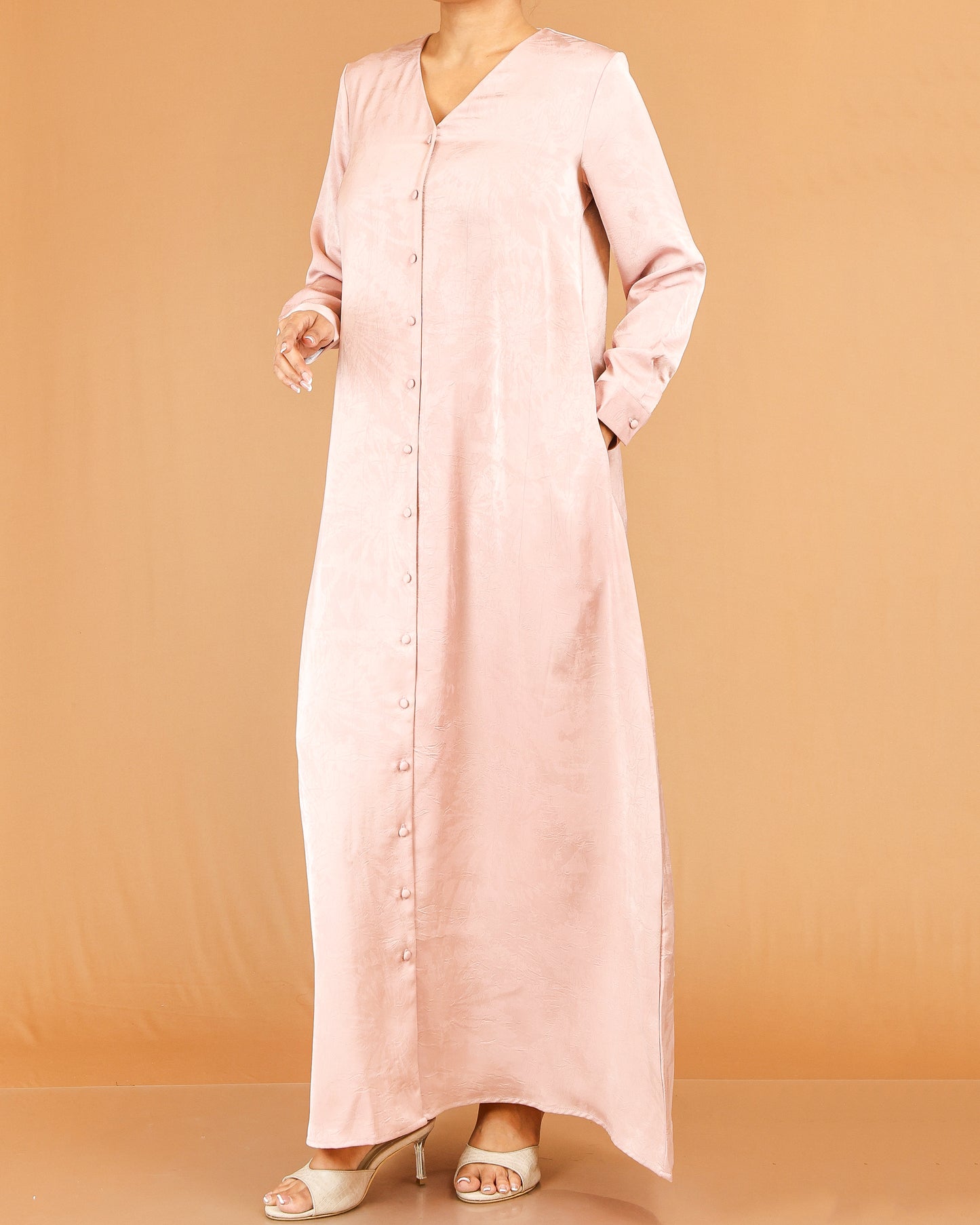Blush Pink Minimal Button Down Abaya Maxi with V-Neckline