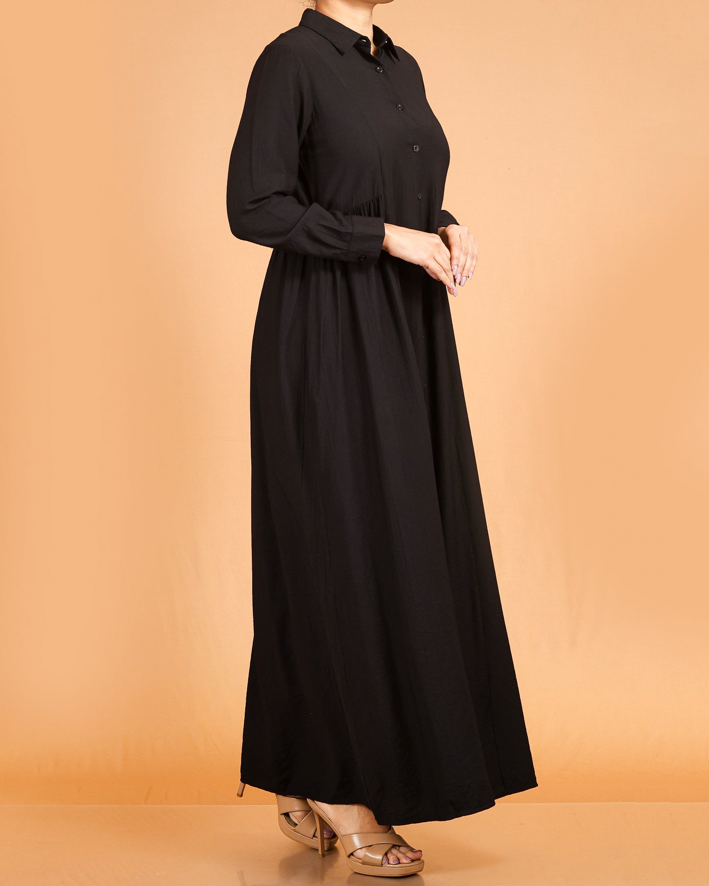 Classic Textured Button-Down Maxi – Black