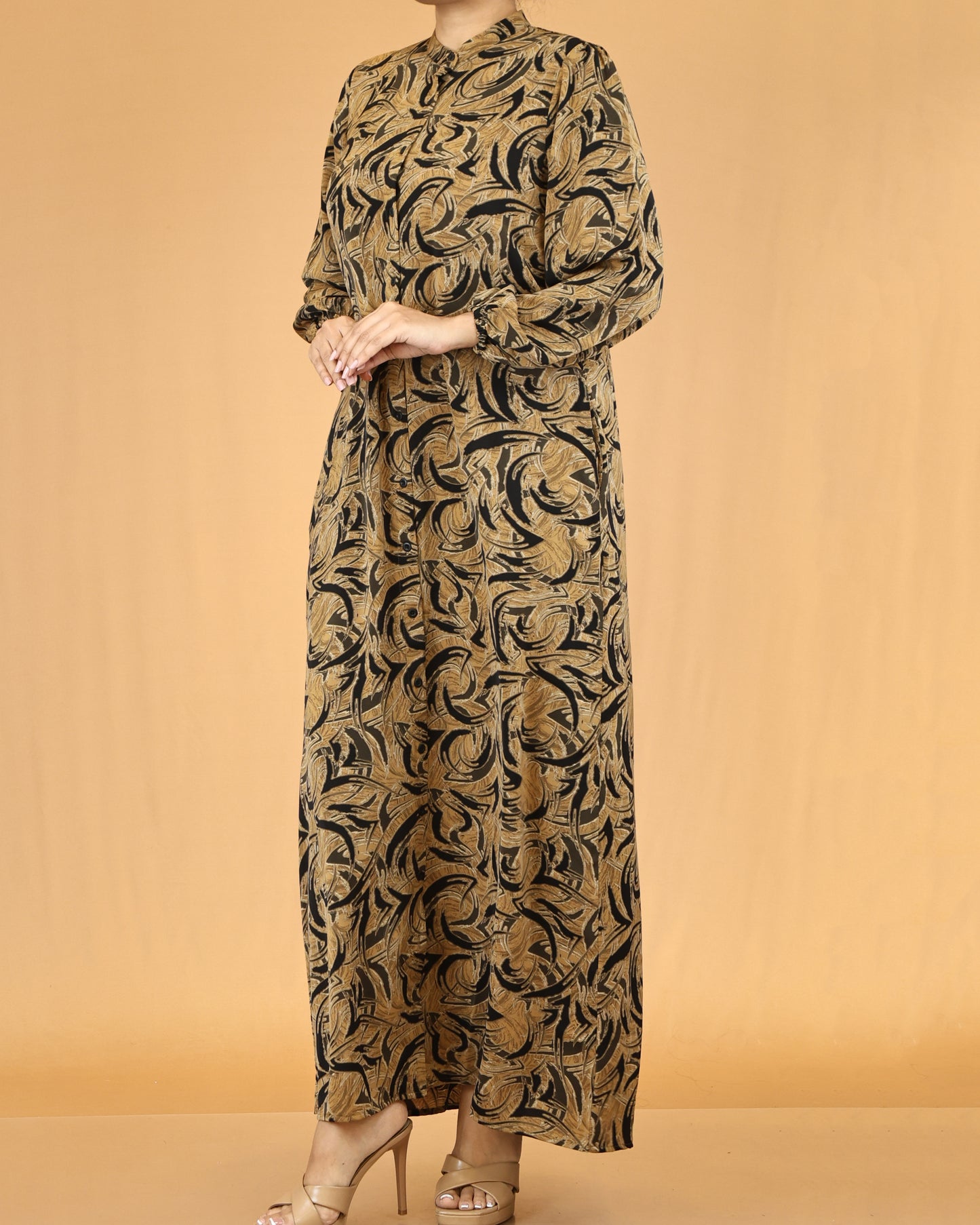 Golden Mocha Swirl Print Maxi Dress