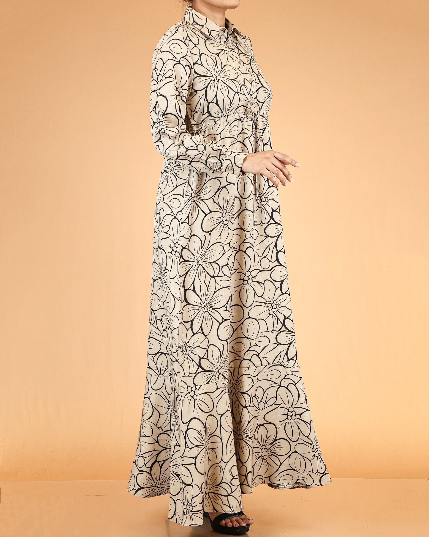 Soft Sand Floral Line Print Abaya Maxi Dress