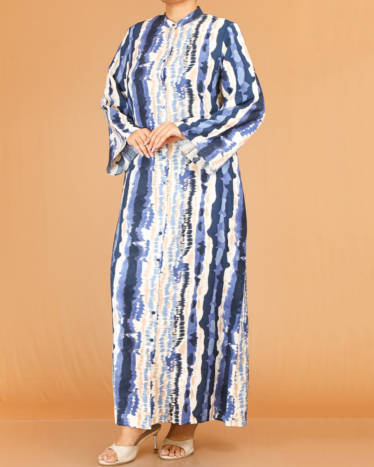 Blue Abstract Print Mandarin Collar Abaya Maxi with Flared Sleeves