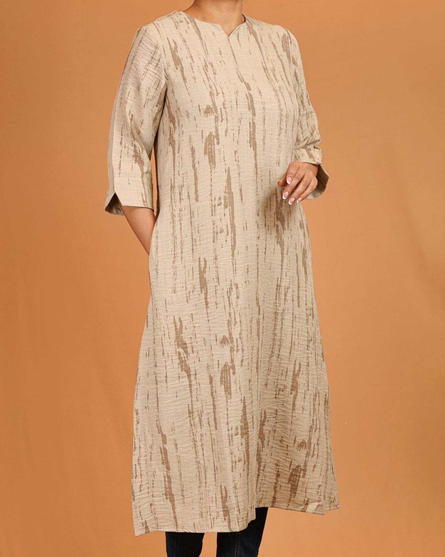 Beige Textured Midi Dress