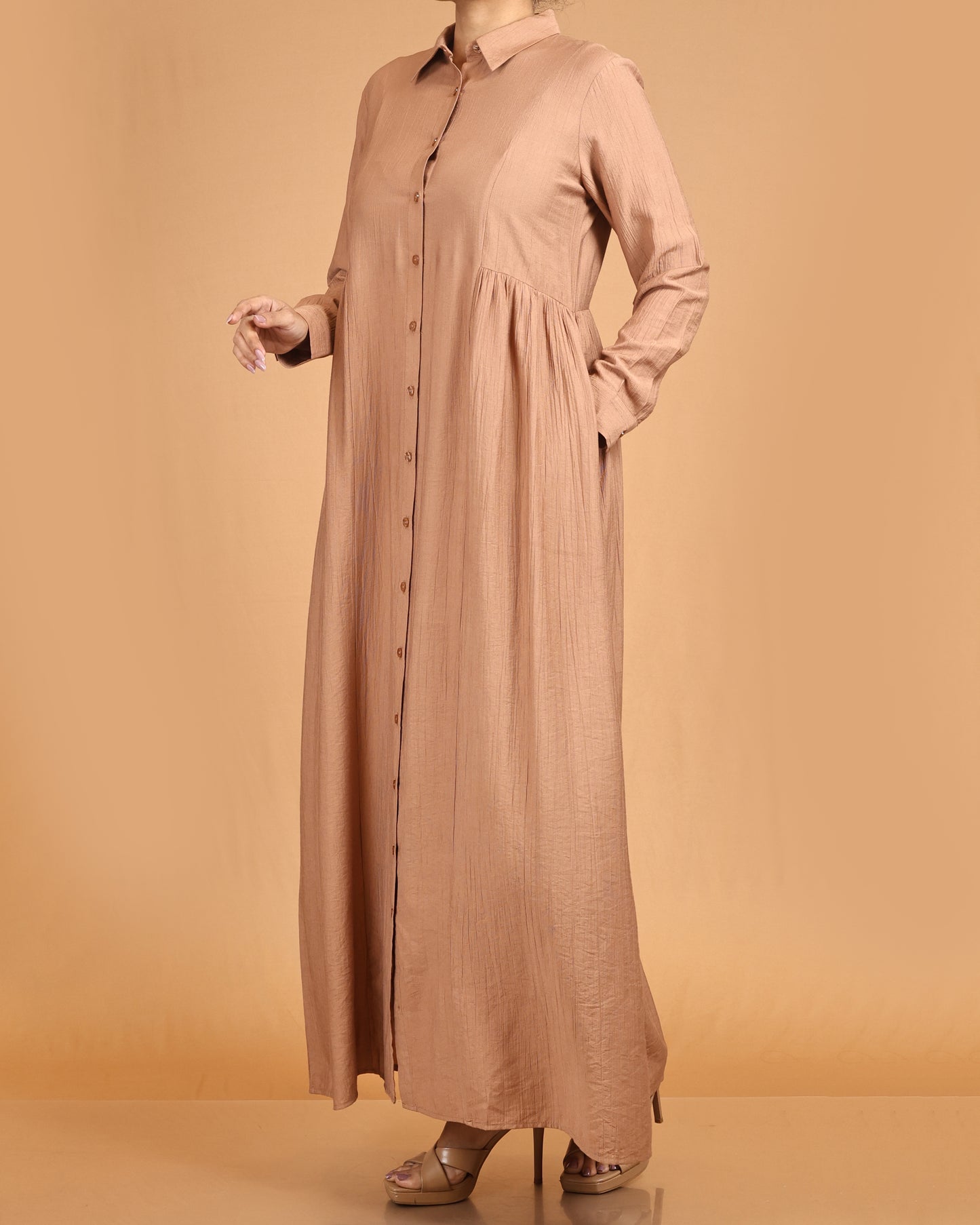 Classic Textured Button-Down Maxi – Brown