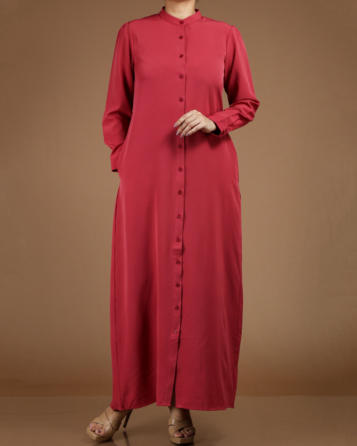 Textured Polyester Button-Down Maxi Dress