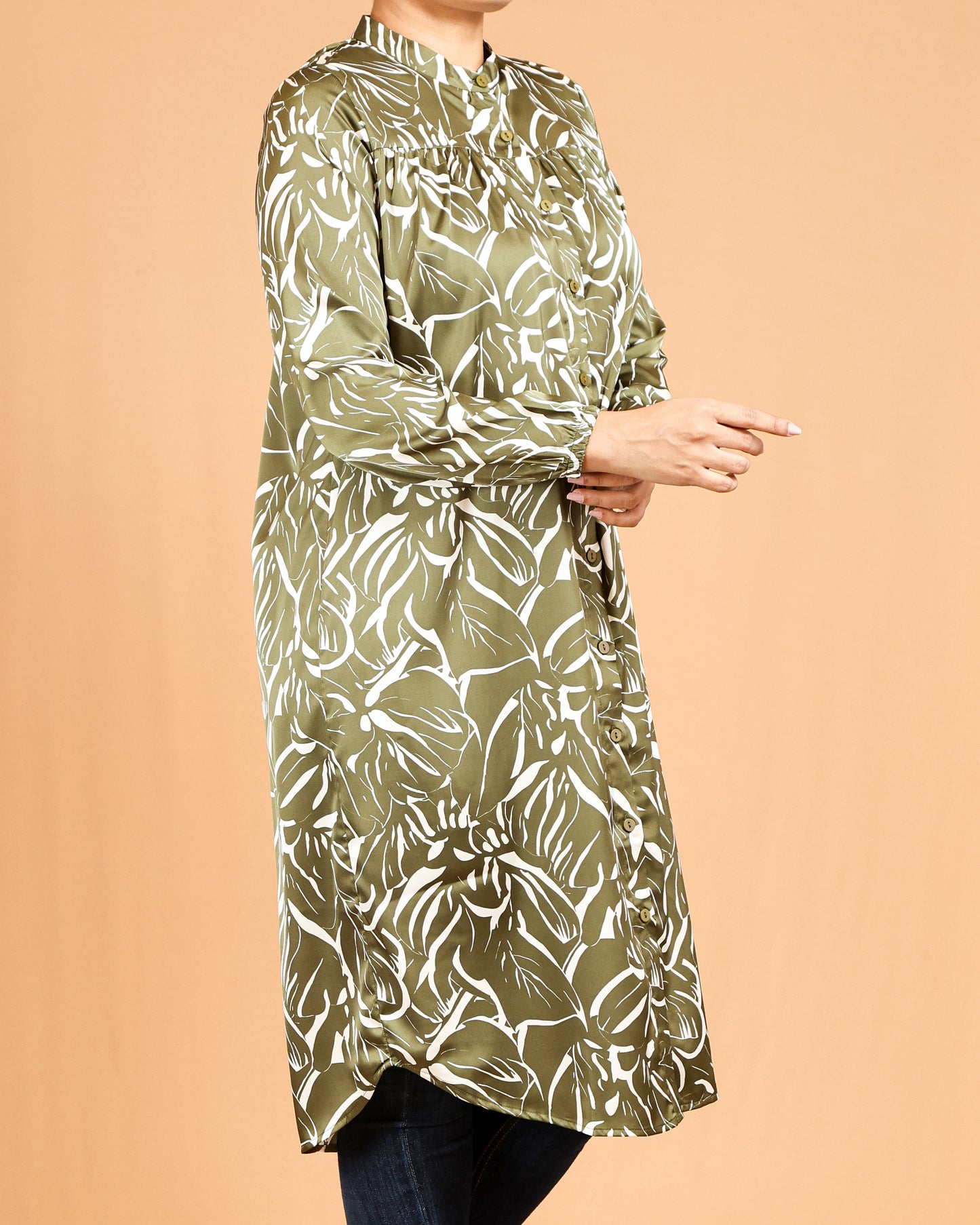 Mandarin Collar Gathered Yoke Olive Botanical Shirt Dress