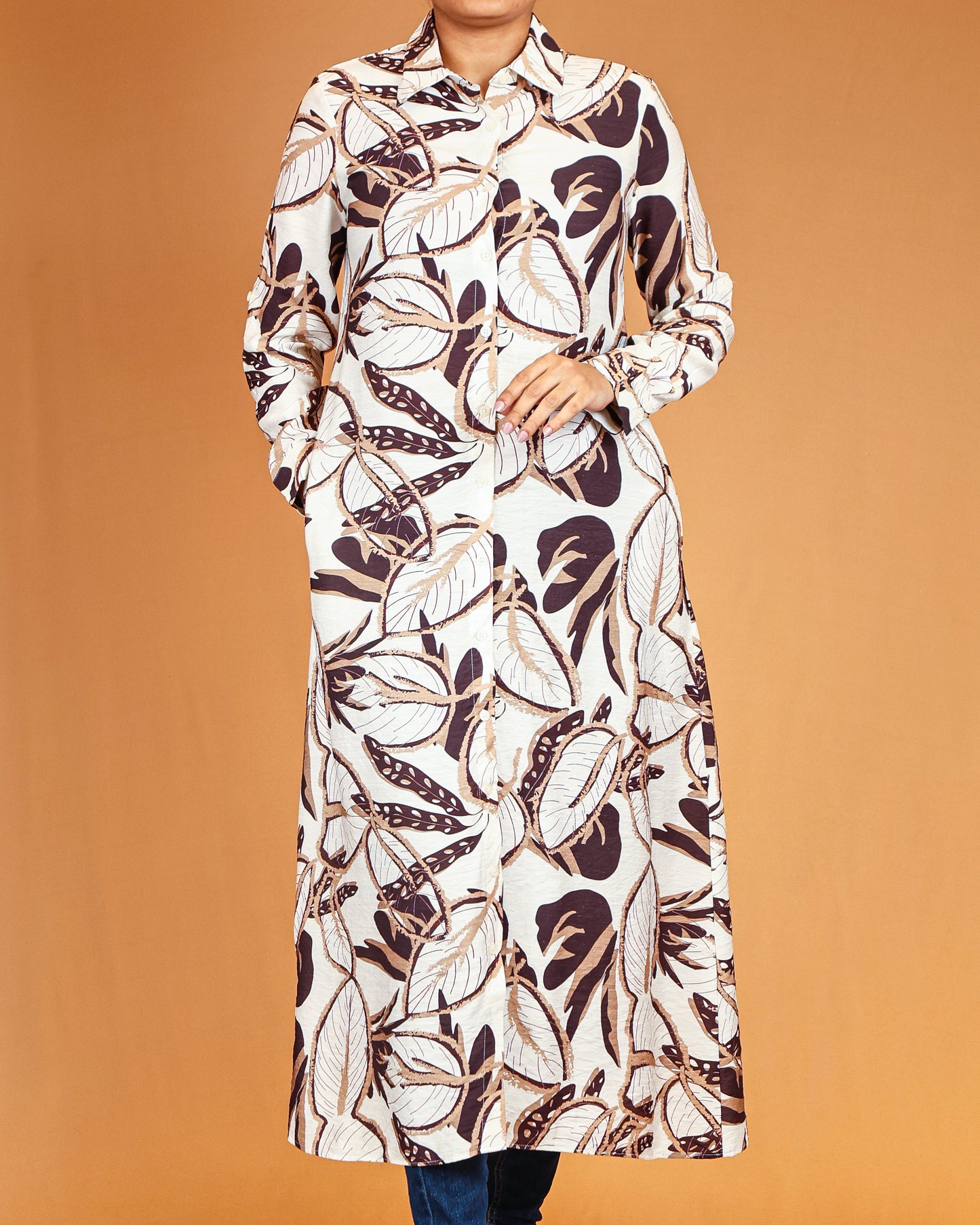 Sandstone Mocha Botanical Long Shirt Dress