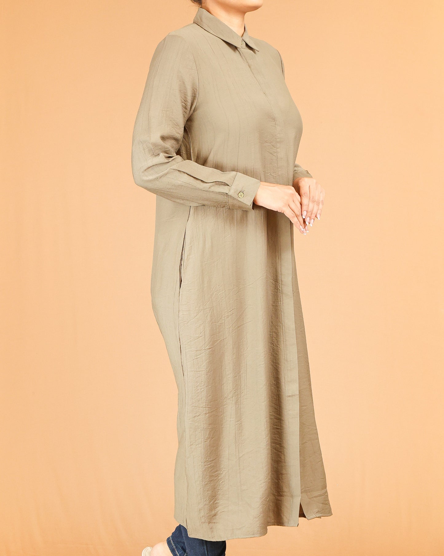 Sand Beige Shirt Dress with Concealed Placket