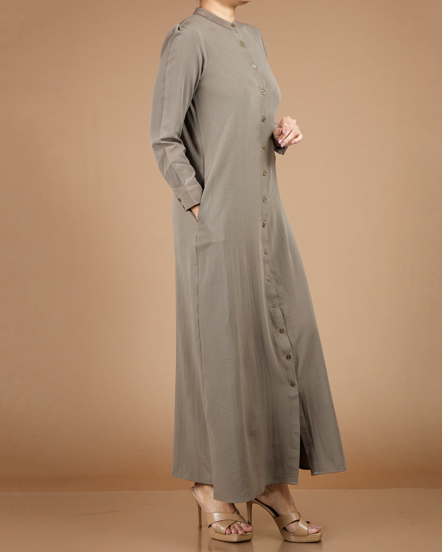 Textured Polyester Button-Down Maxi Dress