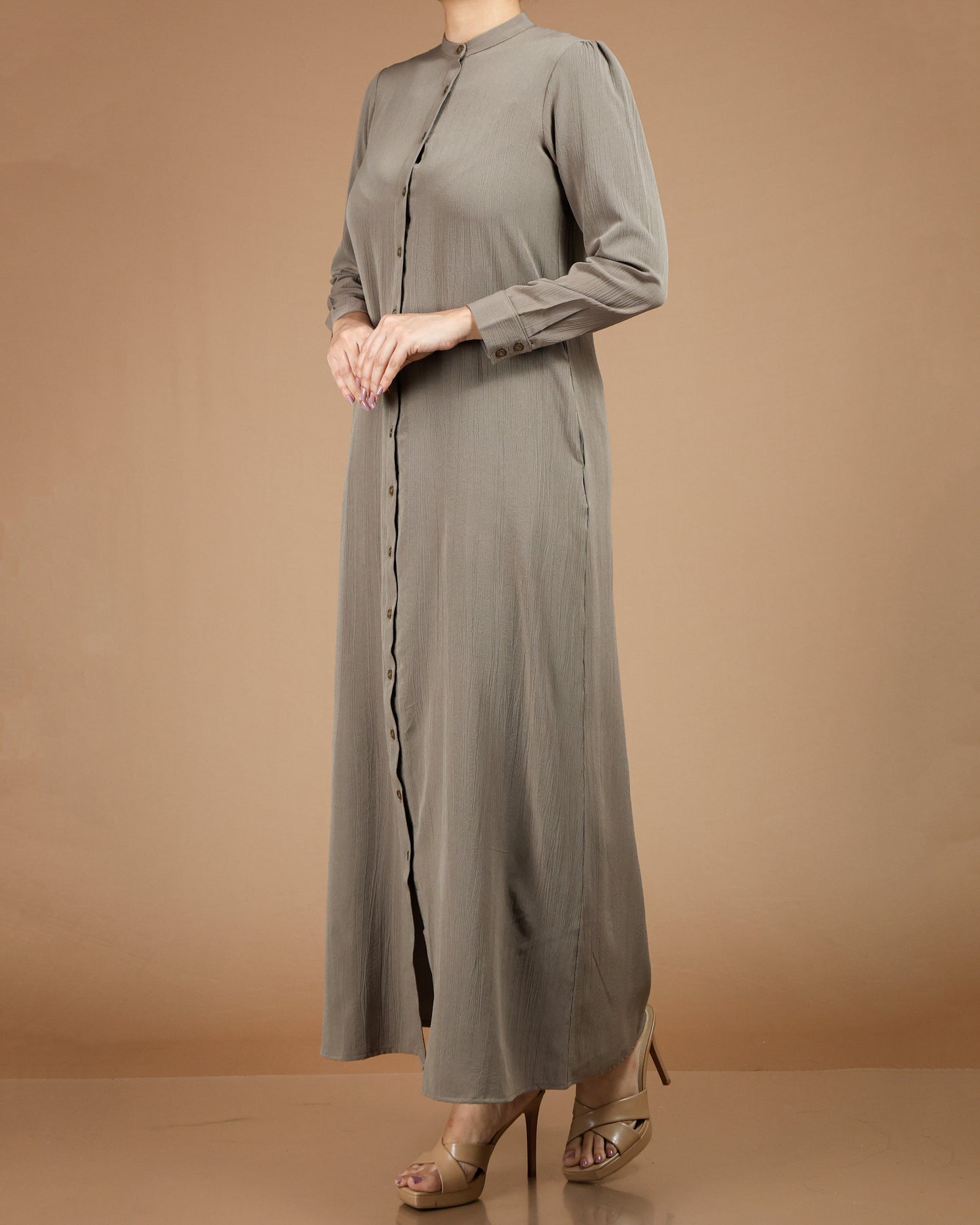 Textured Polyester Button-Down Maxi Dress