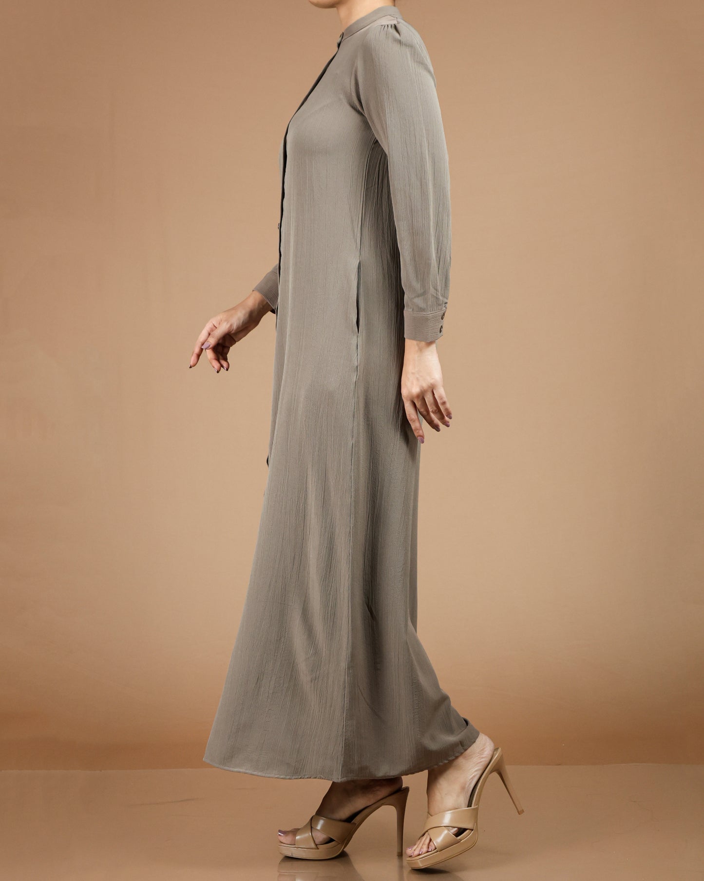 Textured Polyester Button-Down Maxi Dress