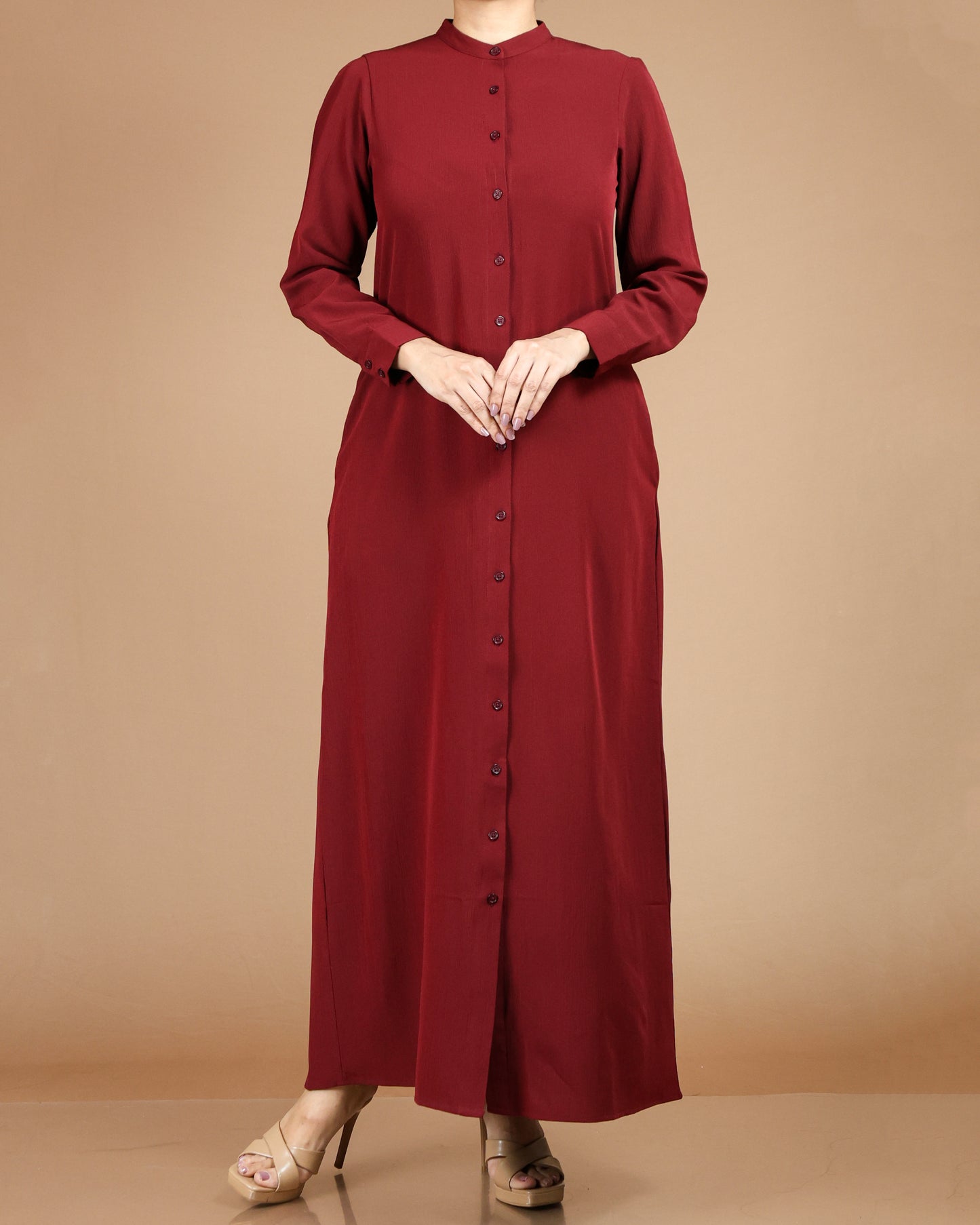 Textured Polyester Button-Down Maxi Dress