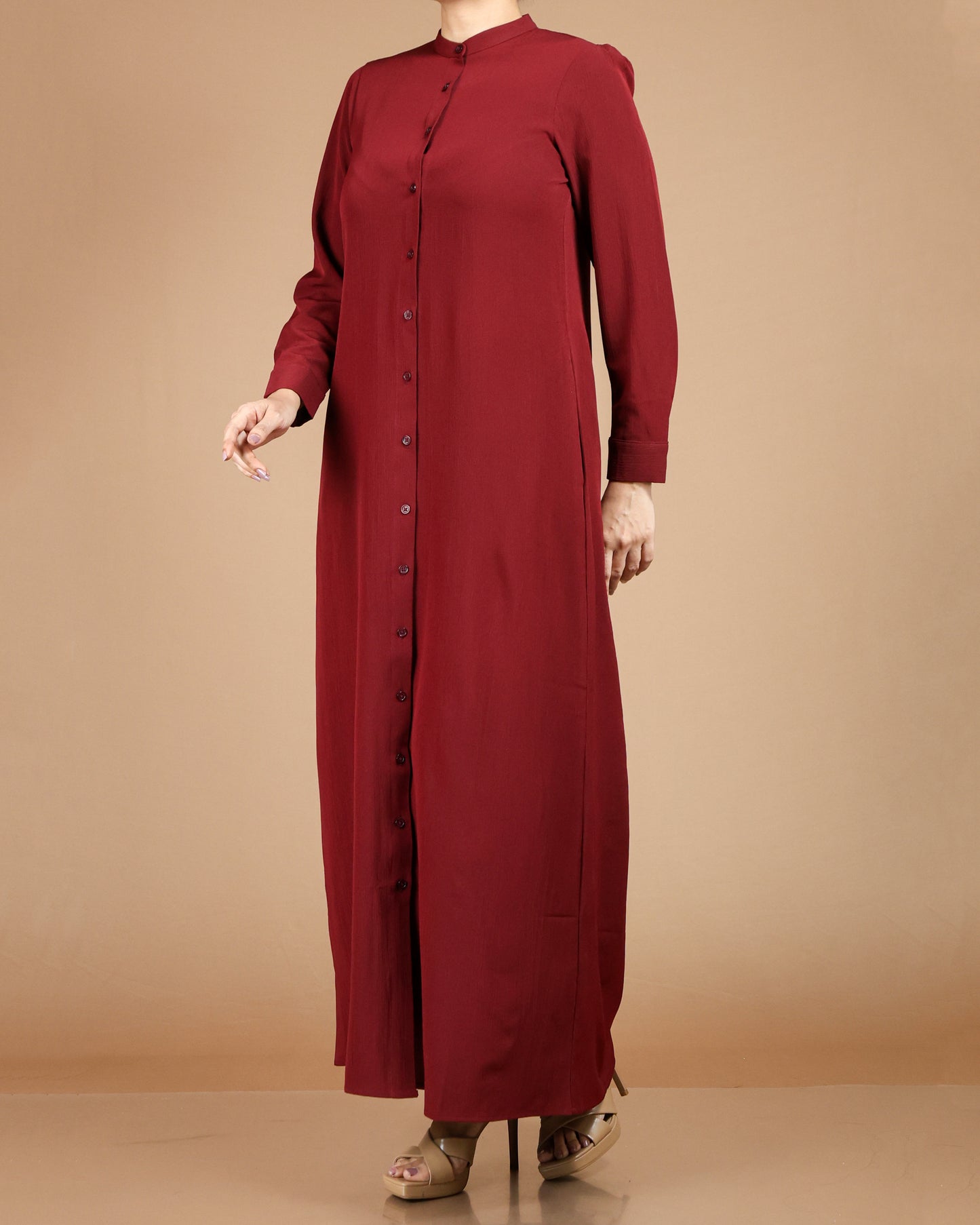 Textured Polyester Button-Down Maxi Dress