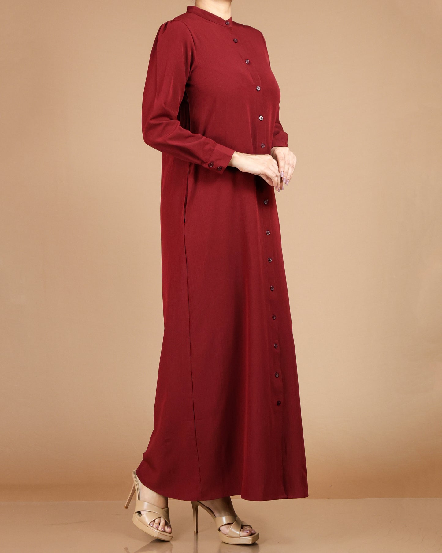 Textured Polyester Button-Down Maxi Dress