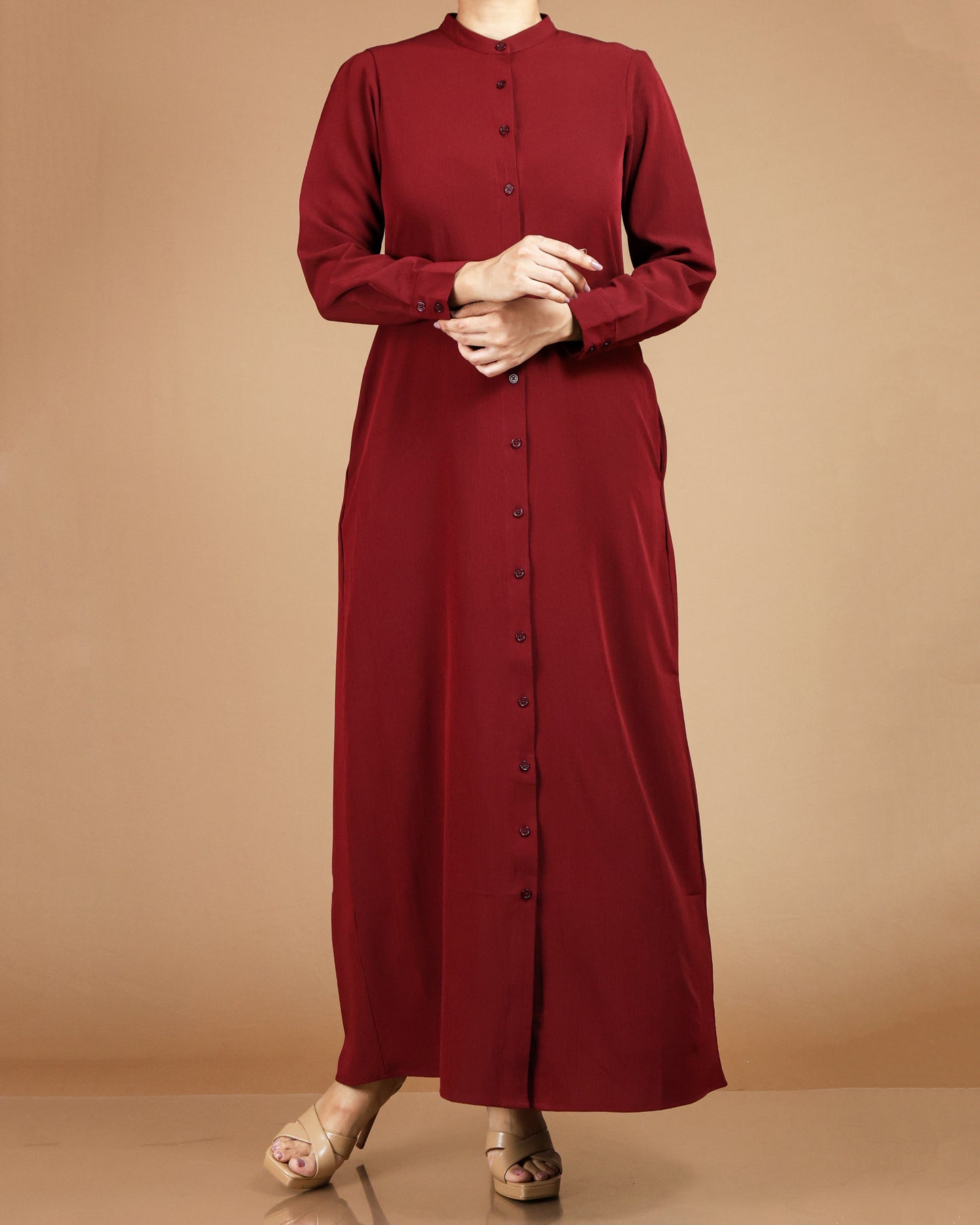 Textured Polyester Button-Down Maxi Dress
