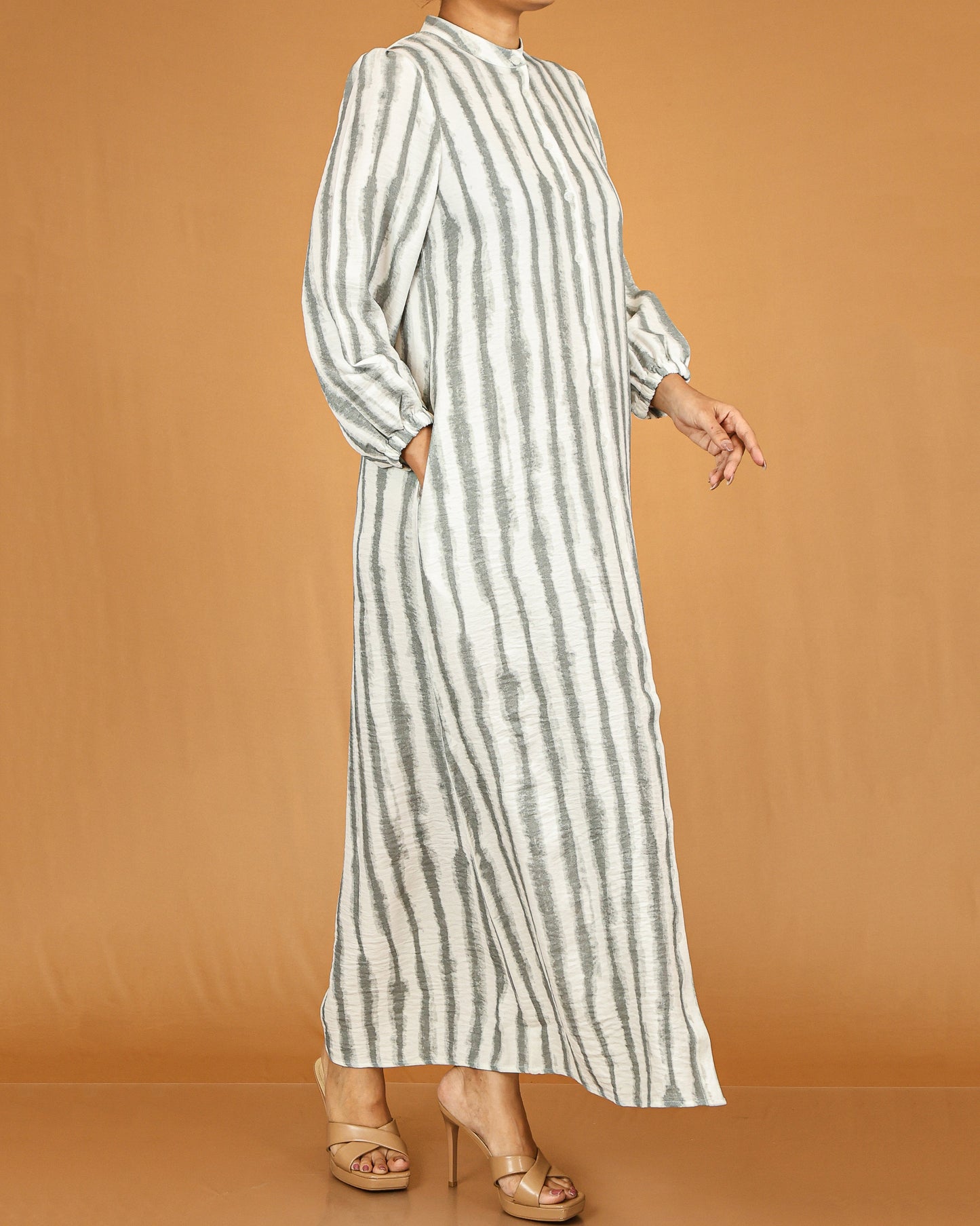 Skyline Grey Stripe Modest Shirt Maxi Dress