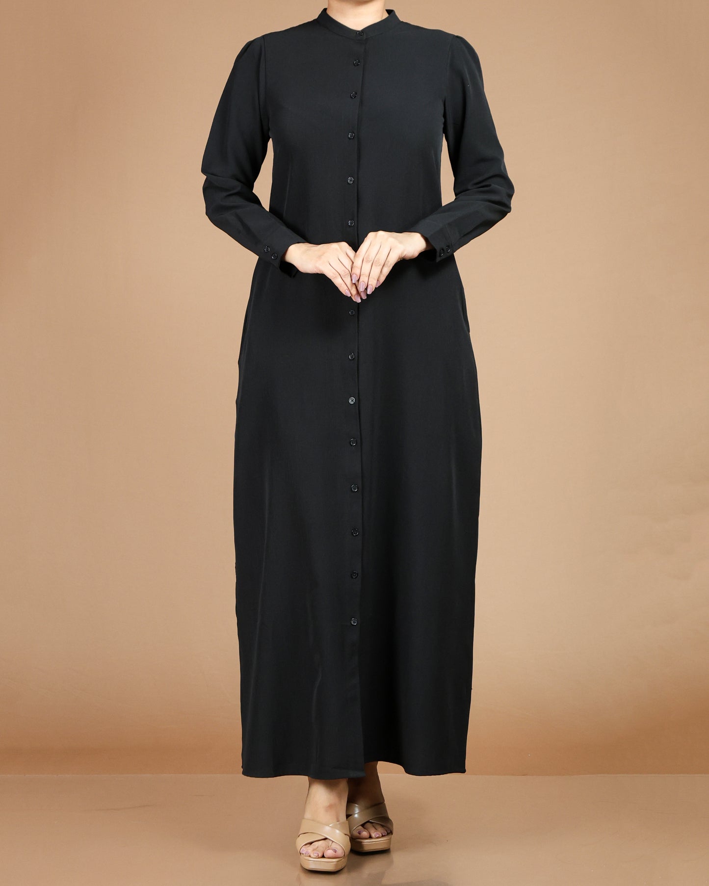Textured Polyester Button-Down Maxi Dress