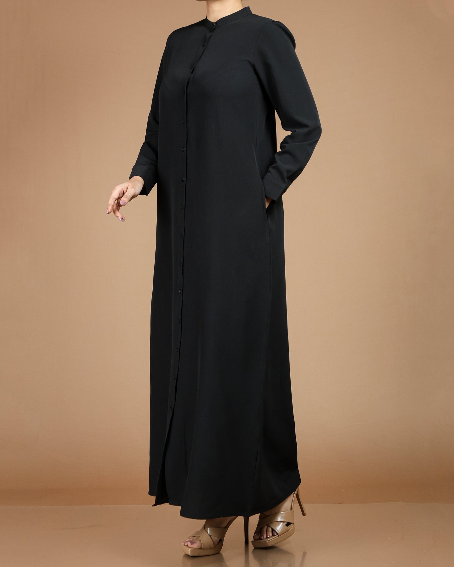 Textured Polyester Button-Down Maxi Dress