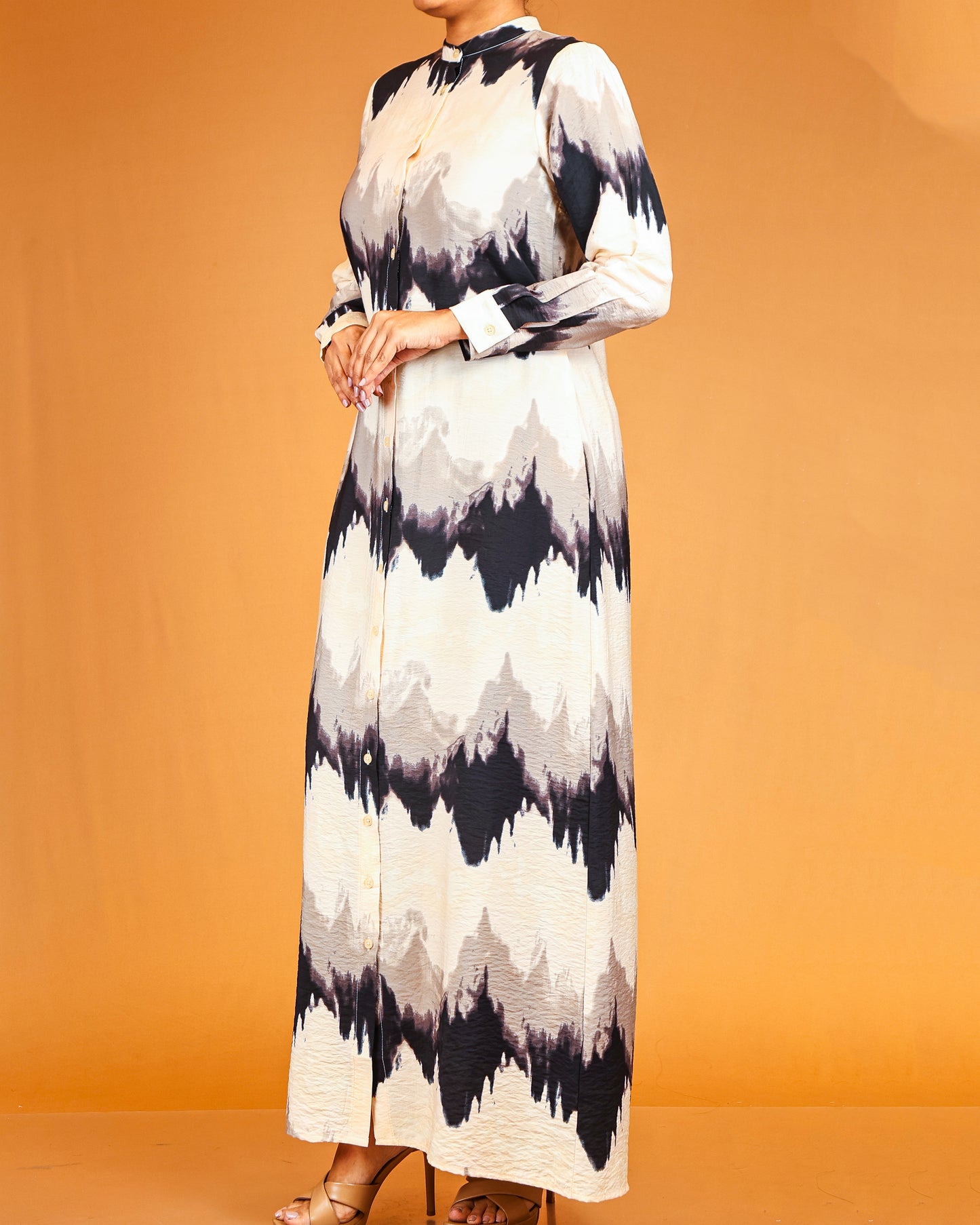 Midnight Mist Wave Print Button-Down Maxi Dress