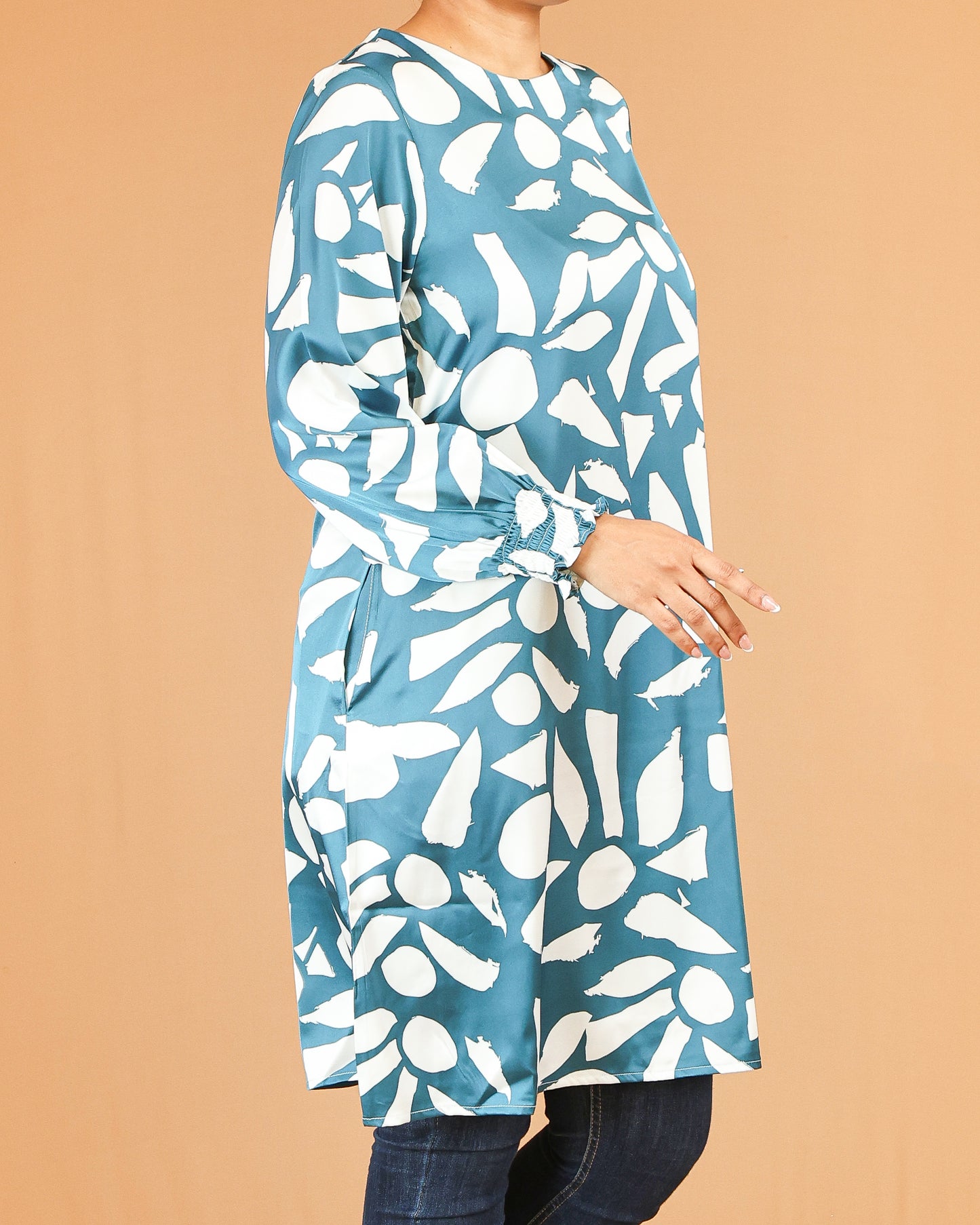 Teal Abstract Print Midi Top with Gathered Sleeves