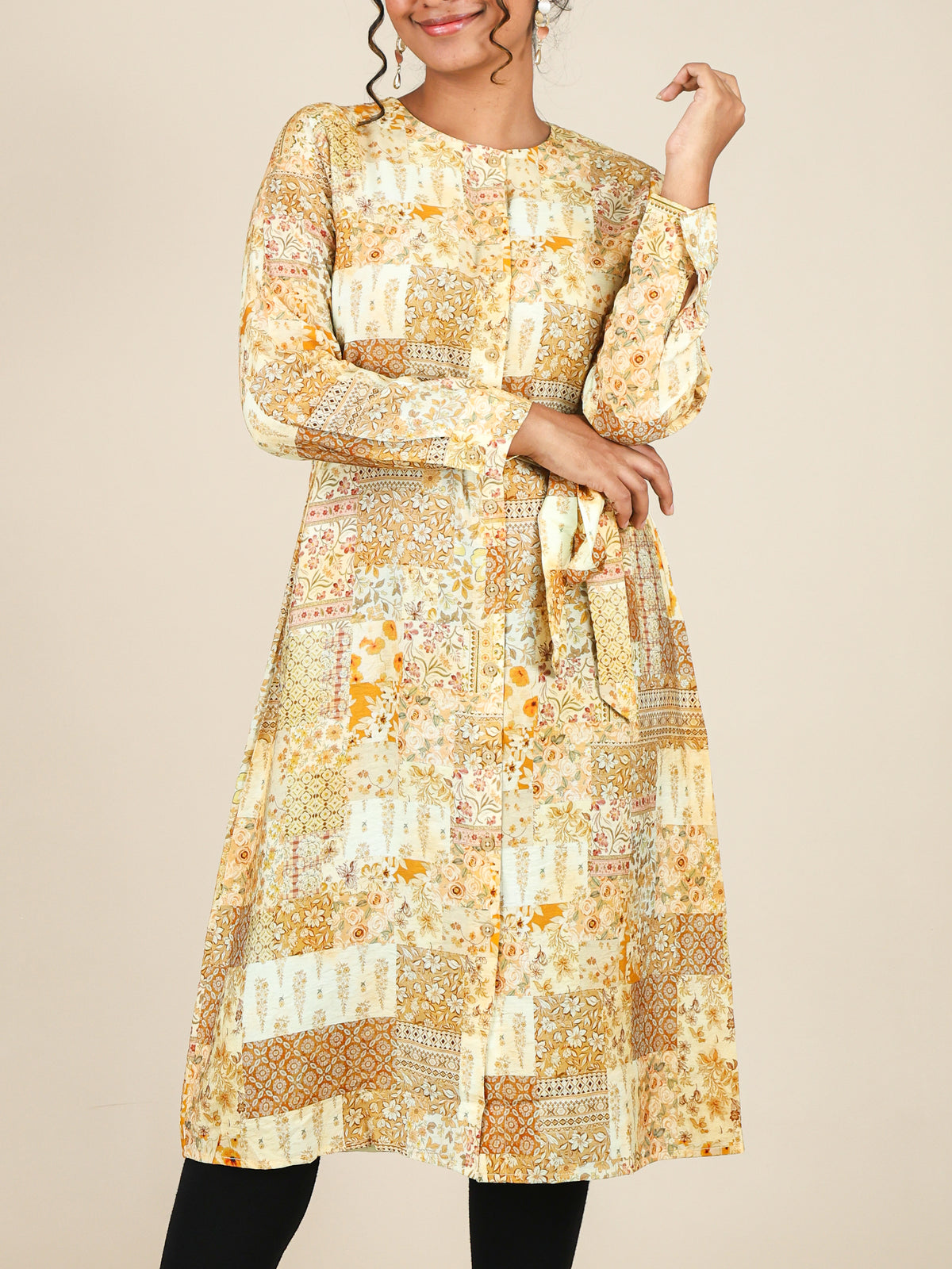 Calista Mustard Yellow Floral Patchwork Midi