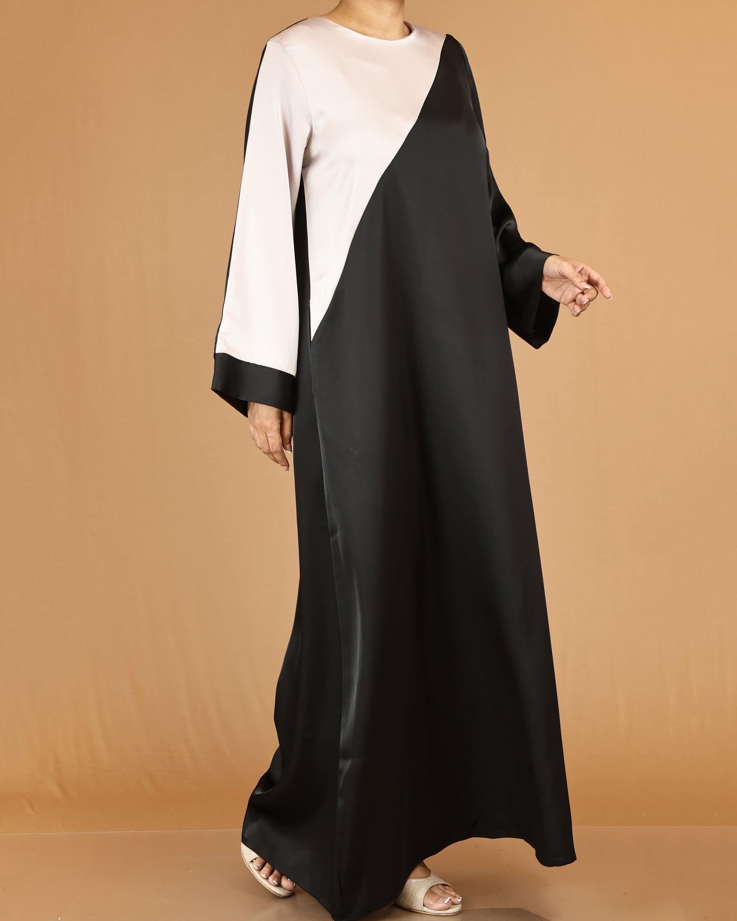 Black & Beige Asymmetric Panel Abaya with Contrast Sleeve Detail