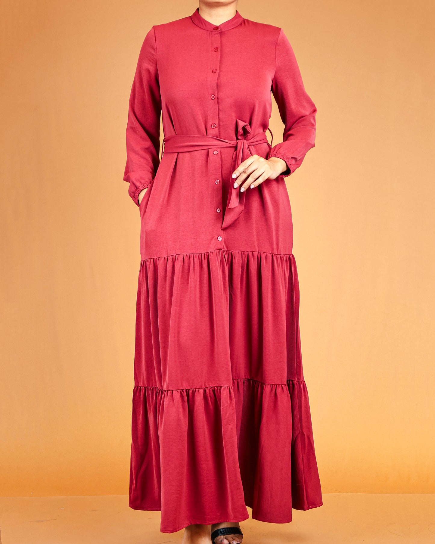 Crimson Rose Tiered Maxi Dress with Waist Tie Belt
