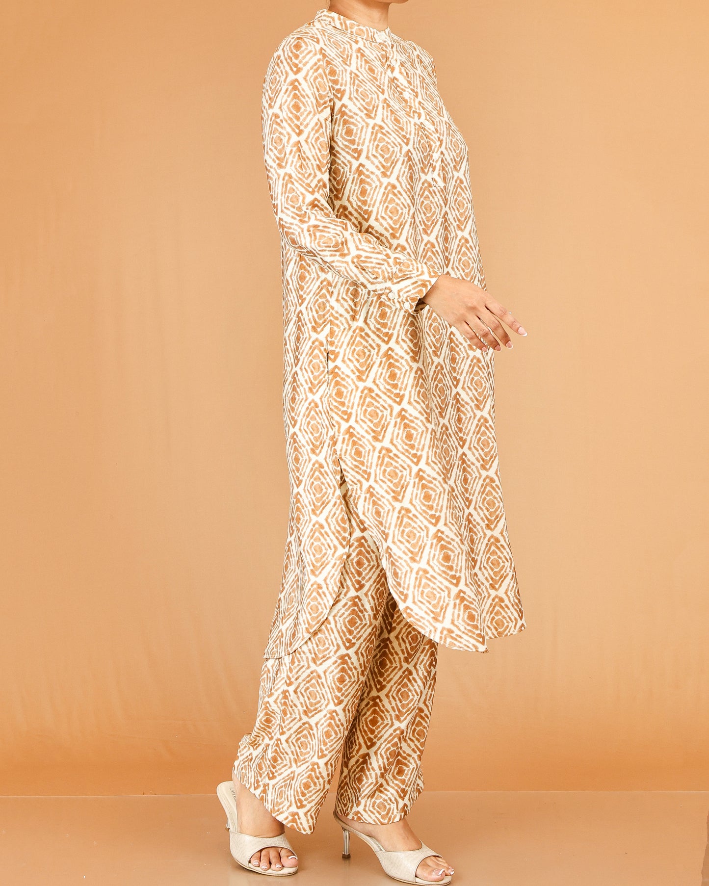 Beige Printed Co-Ord Set with Mandarin Collar Top
